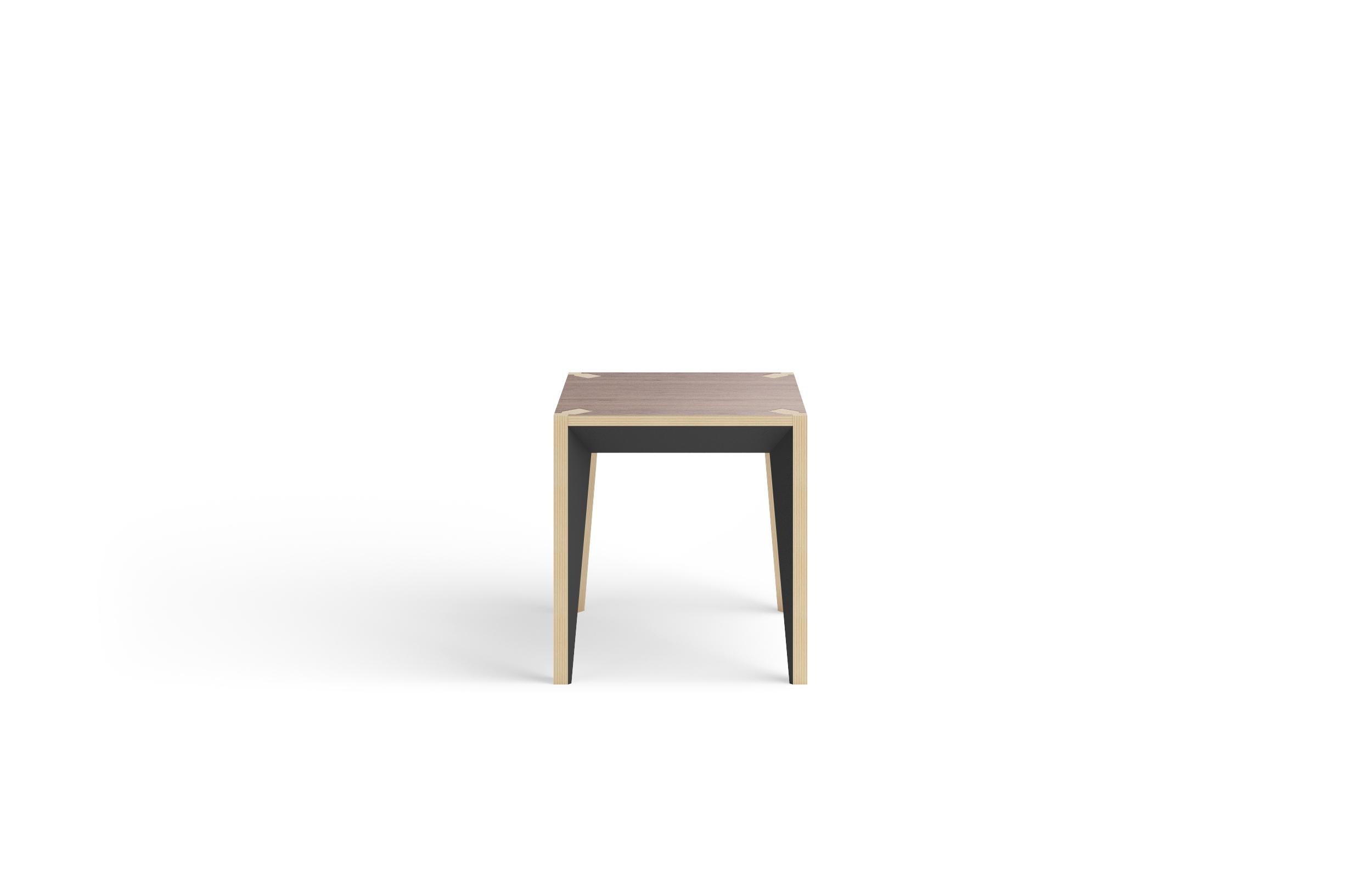 Part of the MiMi Series, this Minimalist, versatile side table or stool accents the home and office. Clean, faceted geometry and painted surfaces add depth and sophistication, while the walnut veneer top accommodates your preference for display or