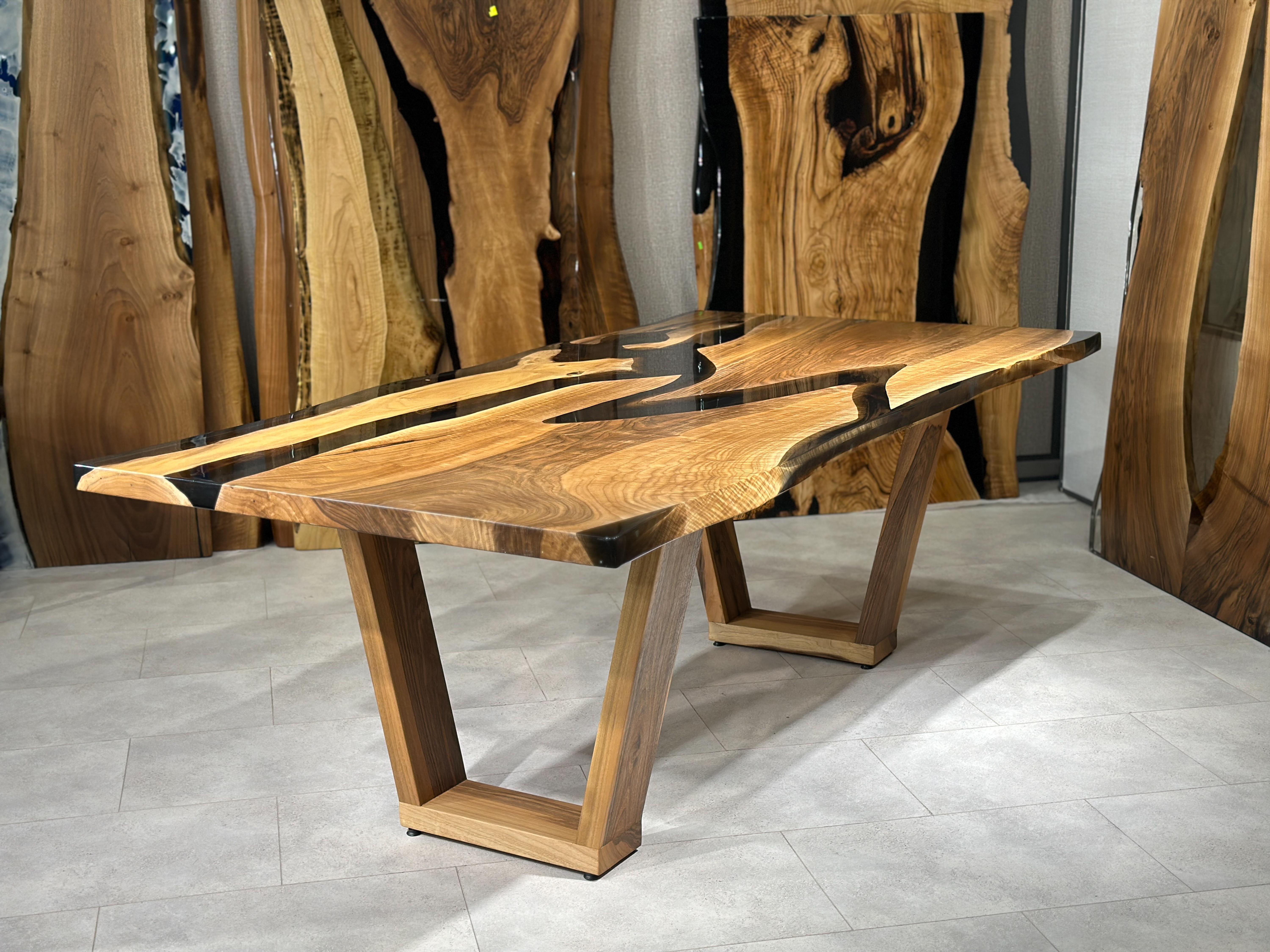 Walnut Black Transparent Epoxy Resin River Wooden Dining Table For Sale 3