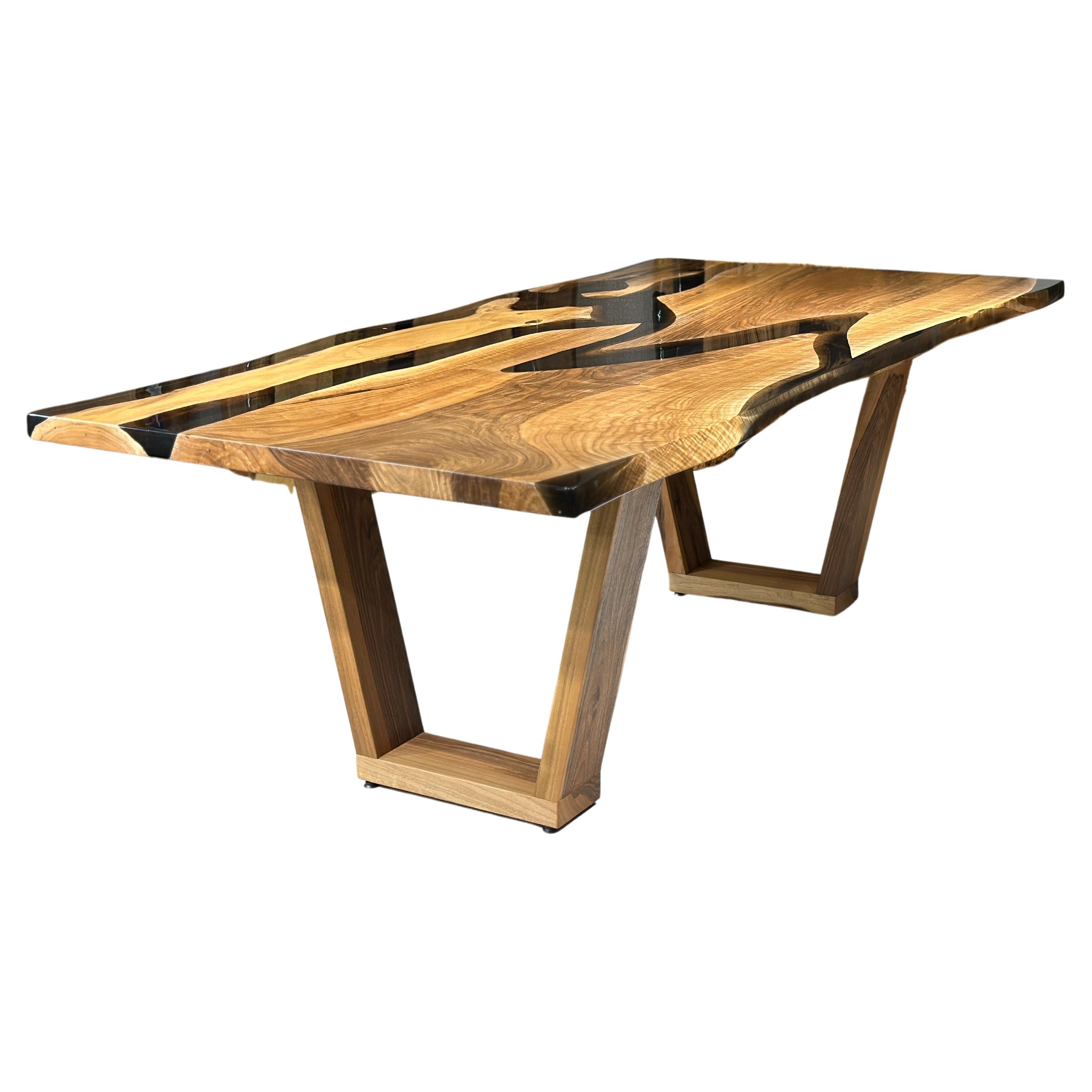 Walnut Black Transparent Epoxy Resin River Wooden Dining Table For Sale