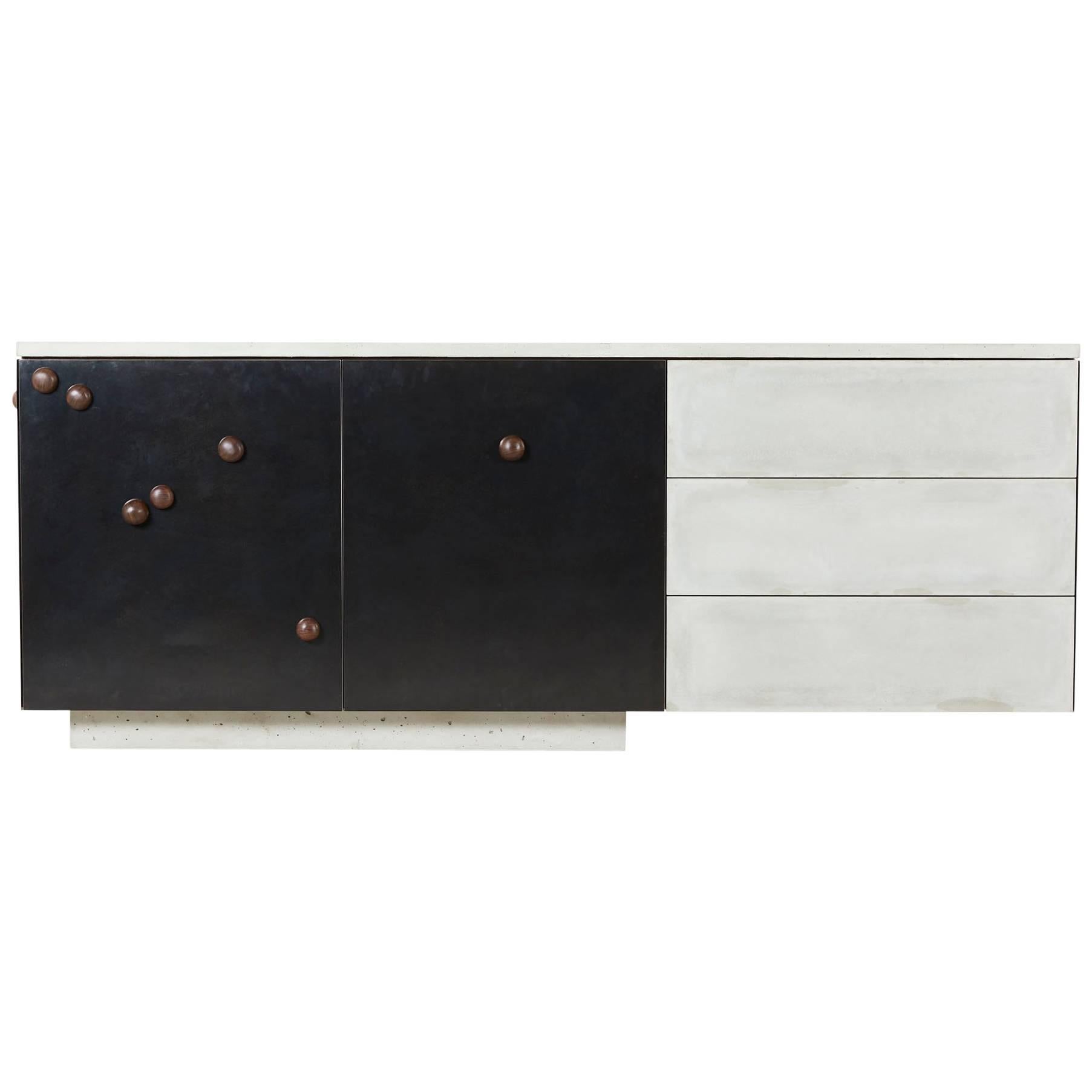 Walnut, Blackened Steel, Cast Concrete "C-210 Protrusions" Credenza