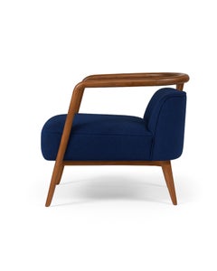 Walnut and Blue Modern Essex Armchair, Fabric Upholstery, 2020