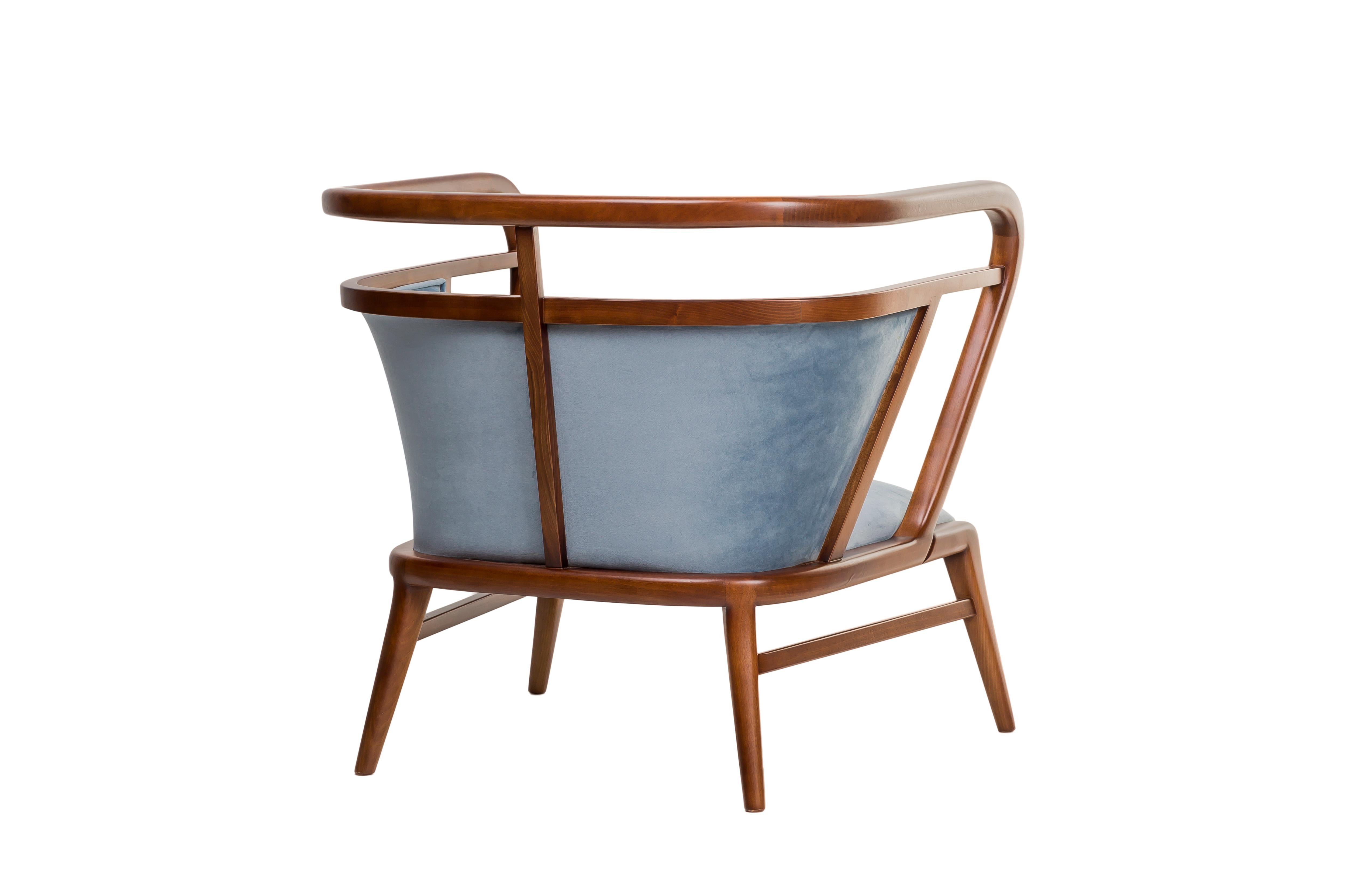 Scandinavian Modern Walnut, Blue Velvet Modern Empire Armchair For Sale
