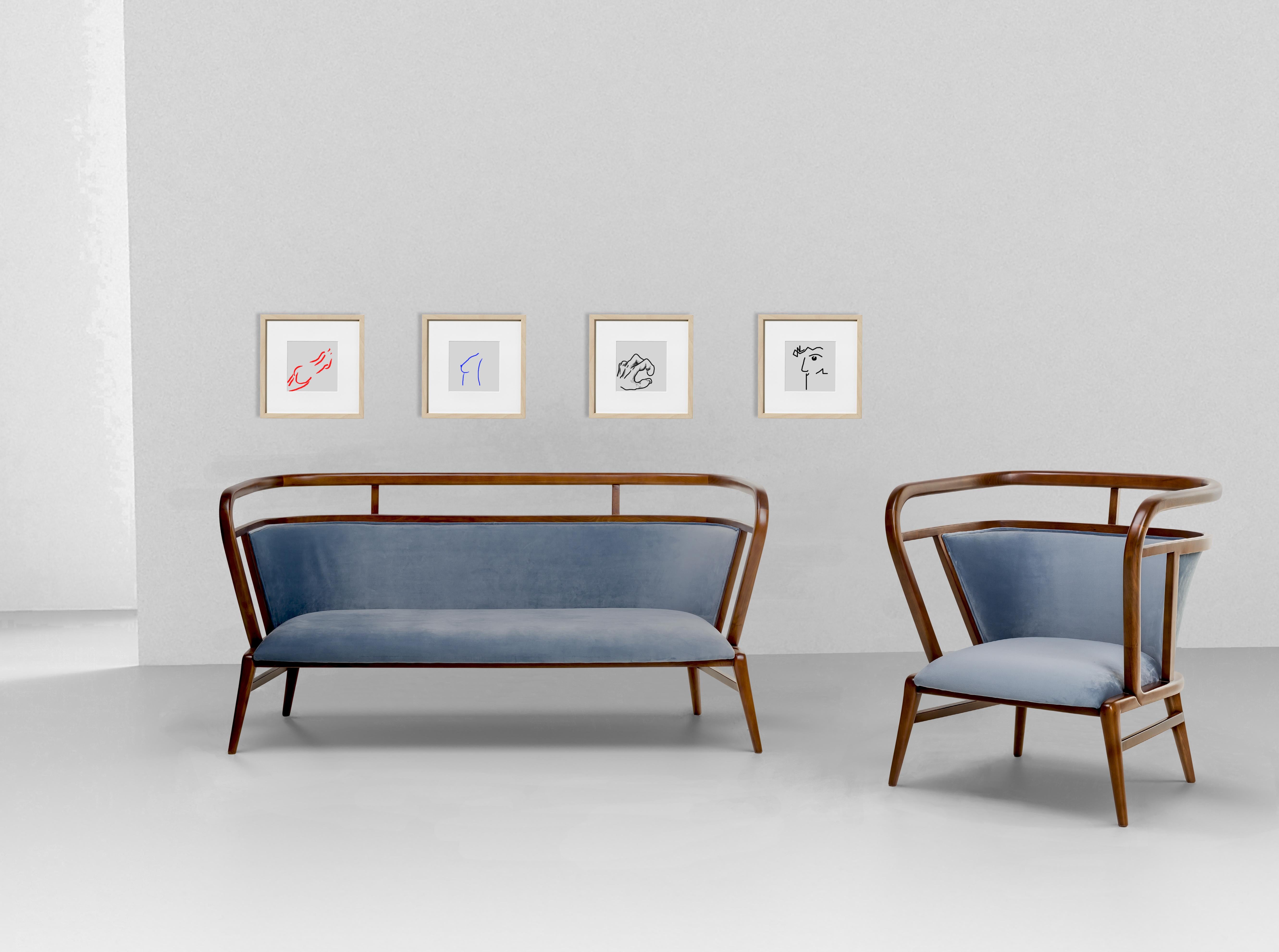 Contemporary Walnut, Blue Velvet Modern Empire Armchair For Sale
