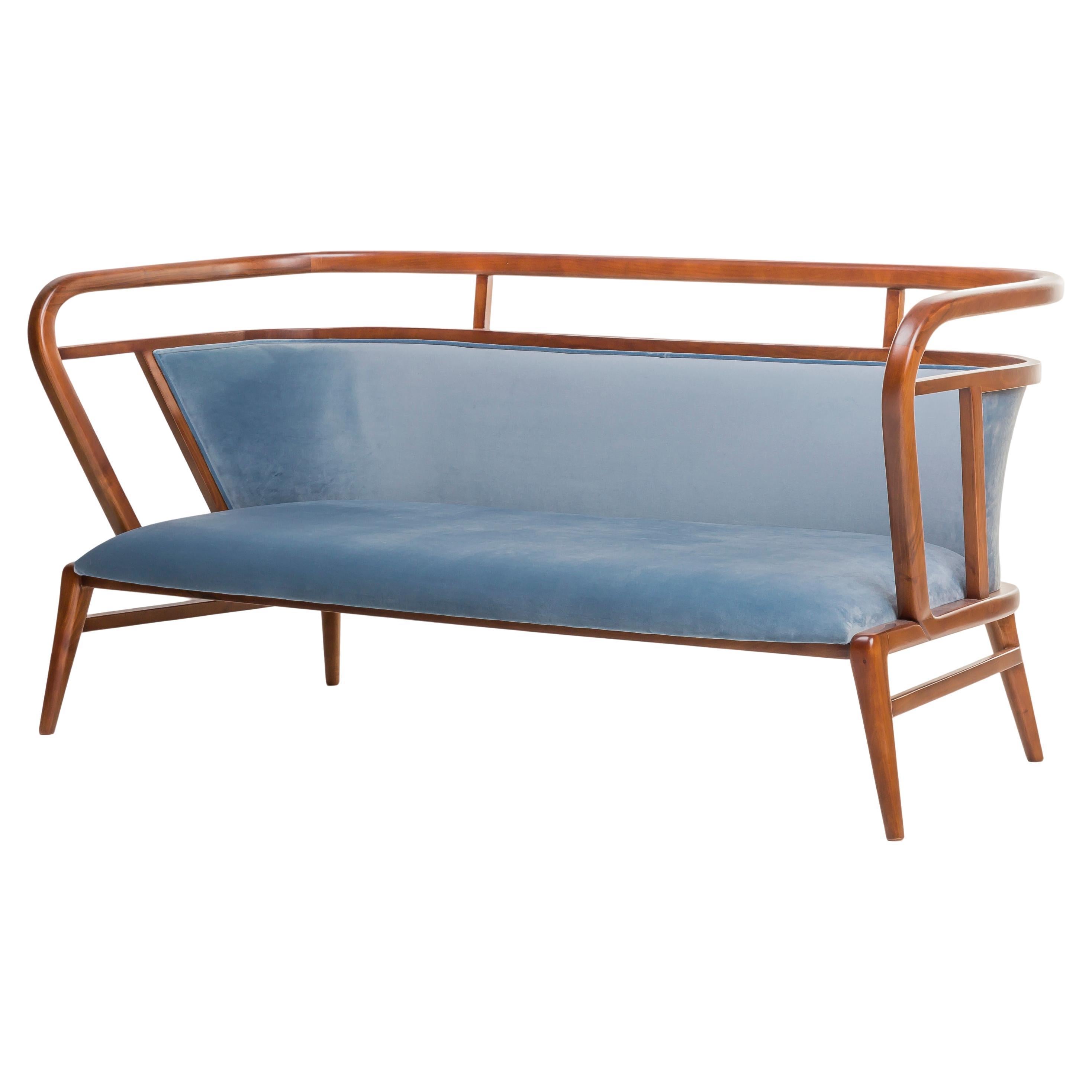 Walnut, Blue Velvet Modern Empire Sofa For Sale