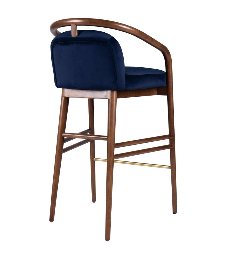 Walnut, Blue Velvet Modern Essex Bar Stool For Sale at 1stDibs