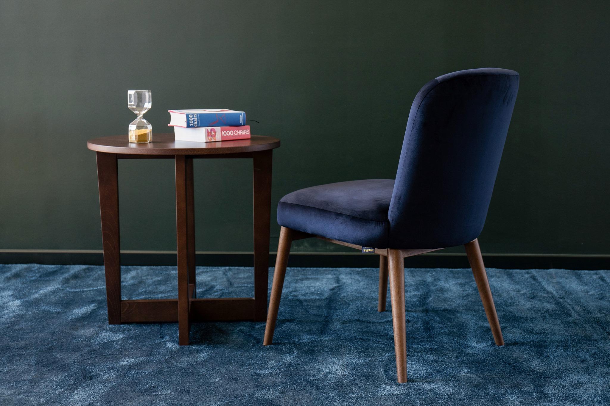 Portuguese Walnut, Blue Velvet Modern Essex Chair For Sale