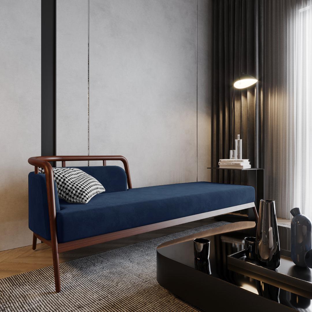 Modernes Essex-Tagesbett aus Nussbaumholz und blauem Samt (Skandinavische Moderne) im Angebot
