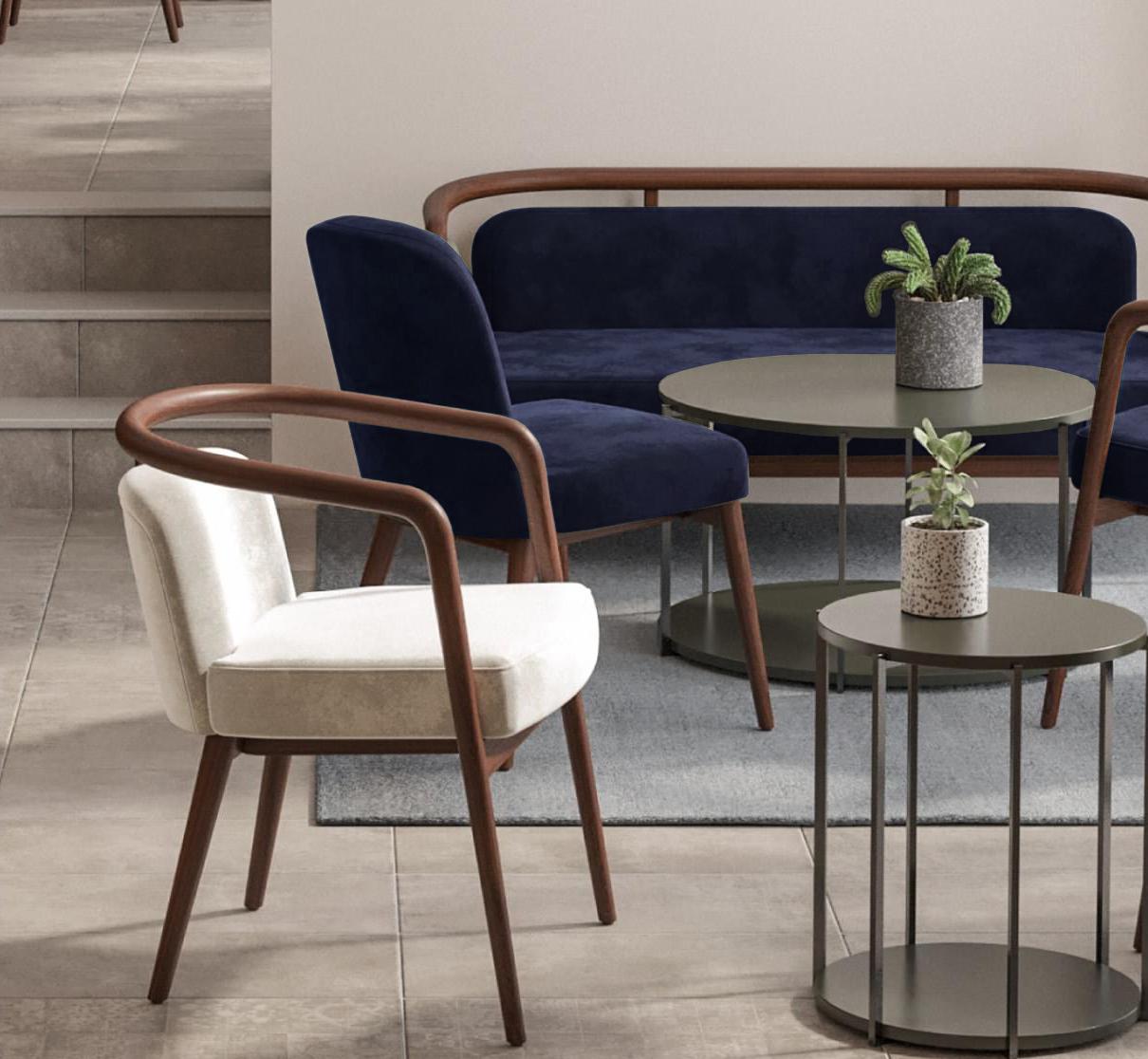 Modernes Essex-Sofa aus Nussbaumholz und blauem Samt (Portugiesisch) im Angebot