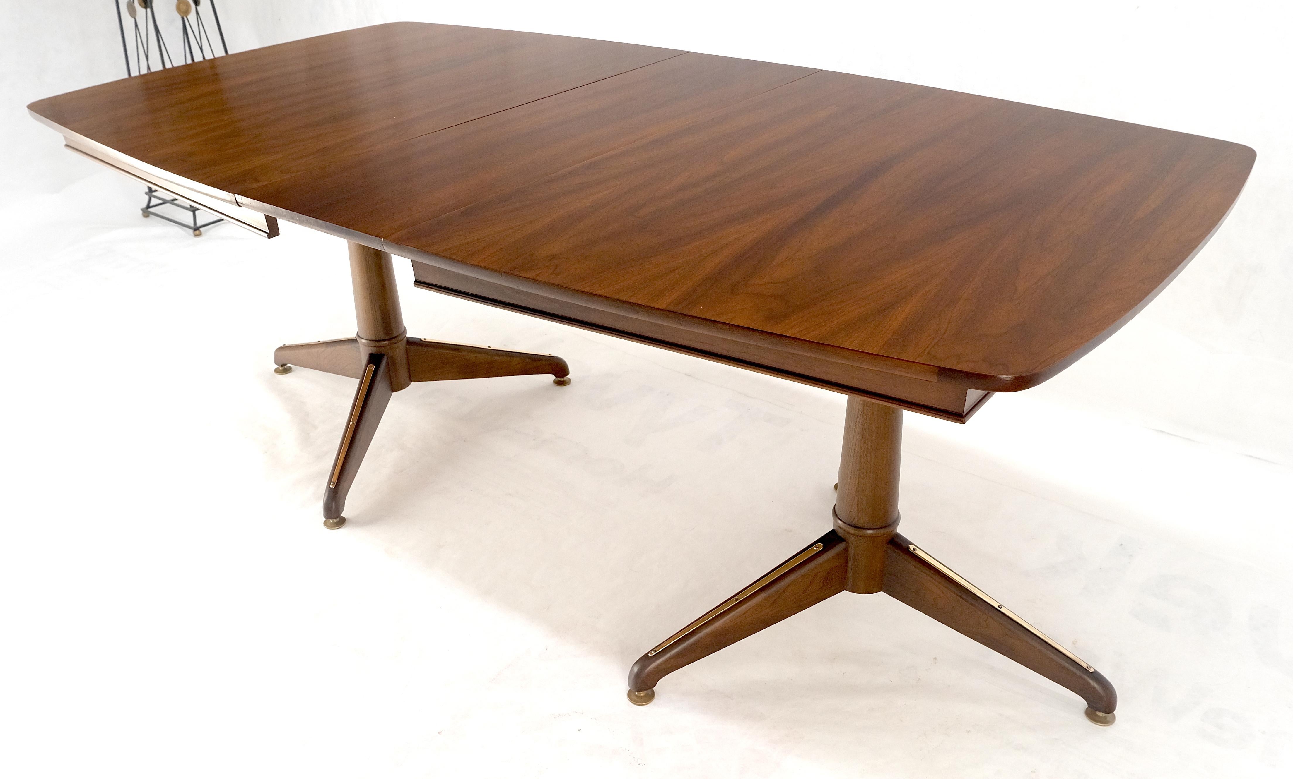 Walnut Boat Shape Double Tripod Bases One Extension Leaf Board Dining Table MINT For Sale 2
