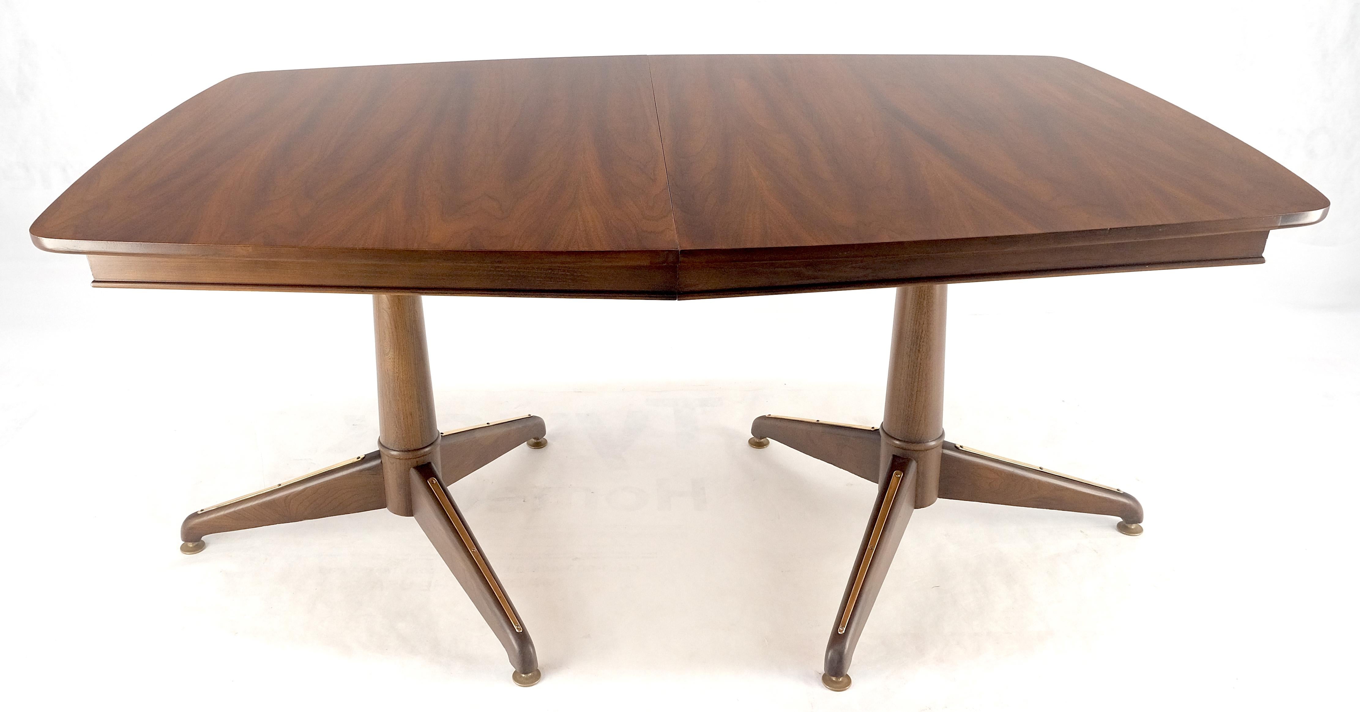 Mid-Century Modern Walnut Boat Shape Double Tripod Bases One Extension Leaf Board Dining Table MINT For Sale