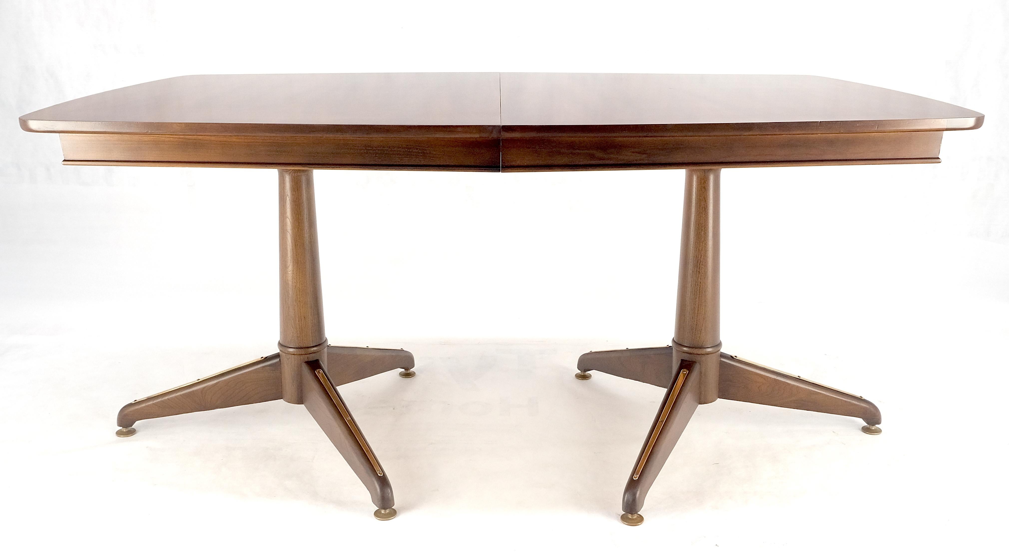 American Walnut Boat Shape Double Tripod Bases One Extension Leaf Board Dining Table MINT For Sale
