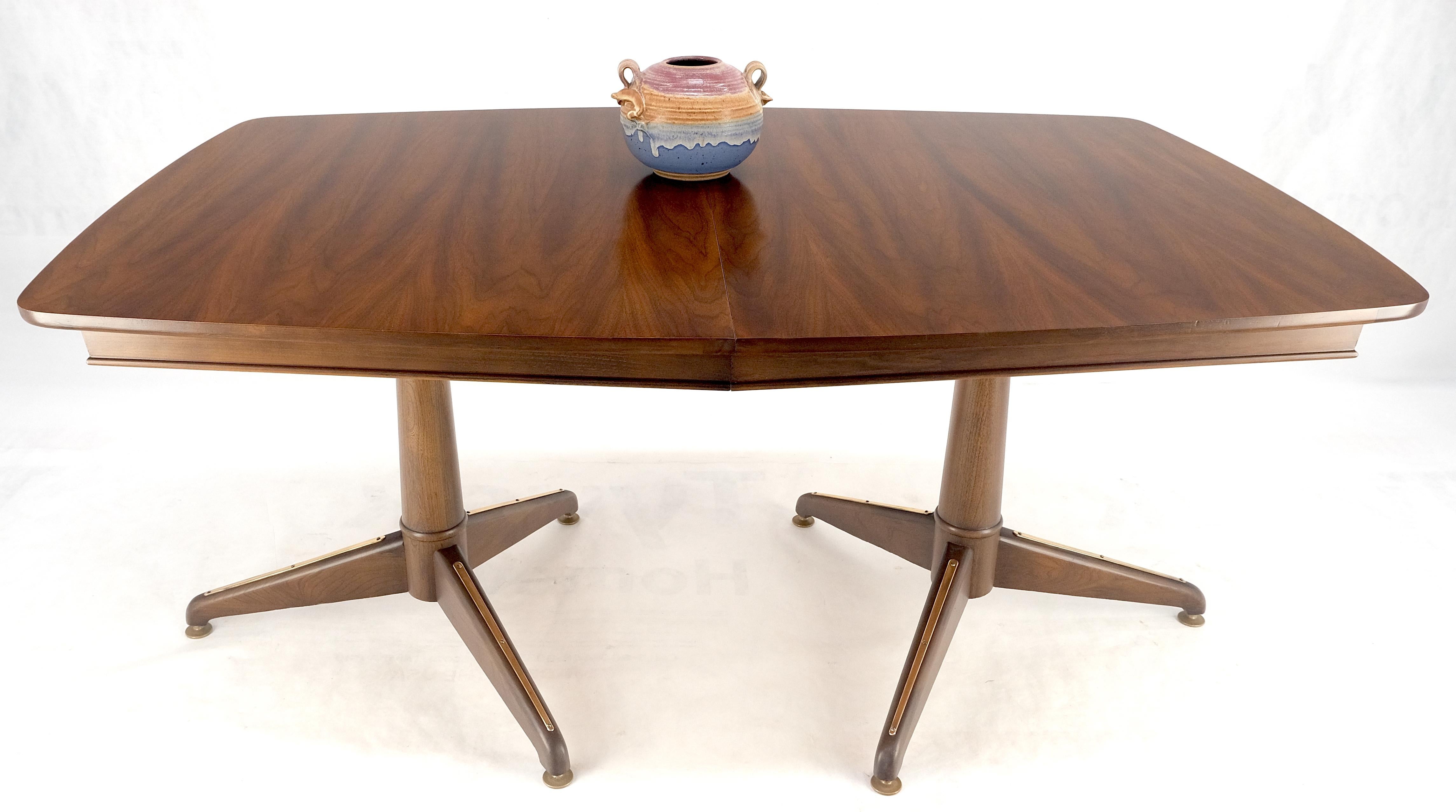 Lacquered Walnut Boat Shape Double Tripod Bases One Extension Leaf Board Dining Table MINT For Sale