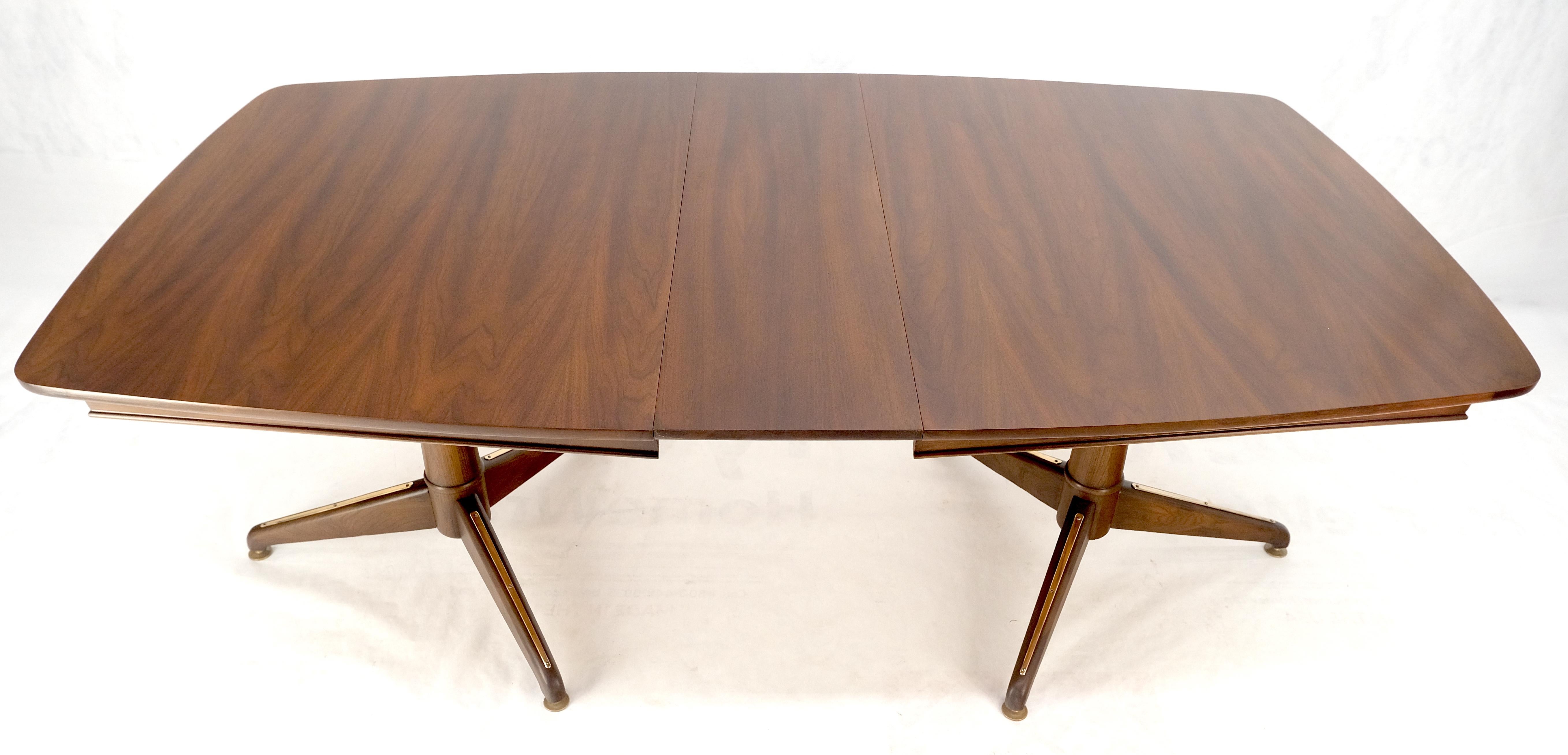 Brass Walnut Boat Shape Double Tripod Bases One Extension Leaf Board Dining Table MINT For Sale