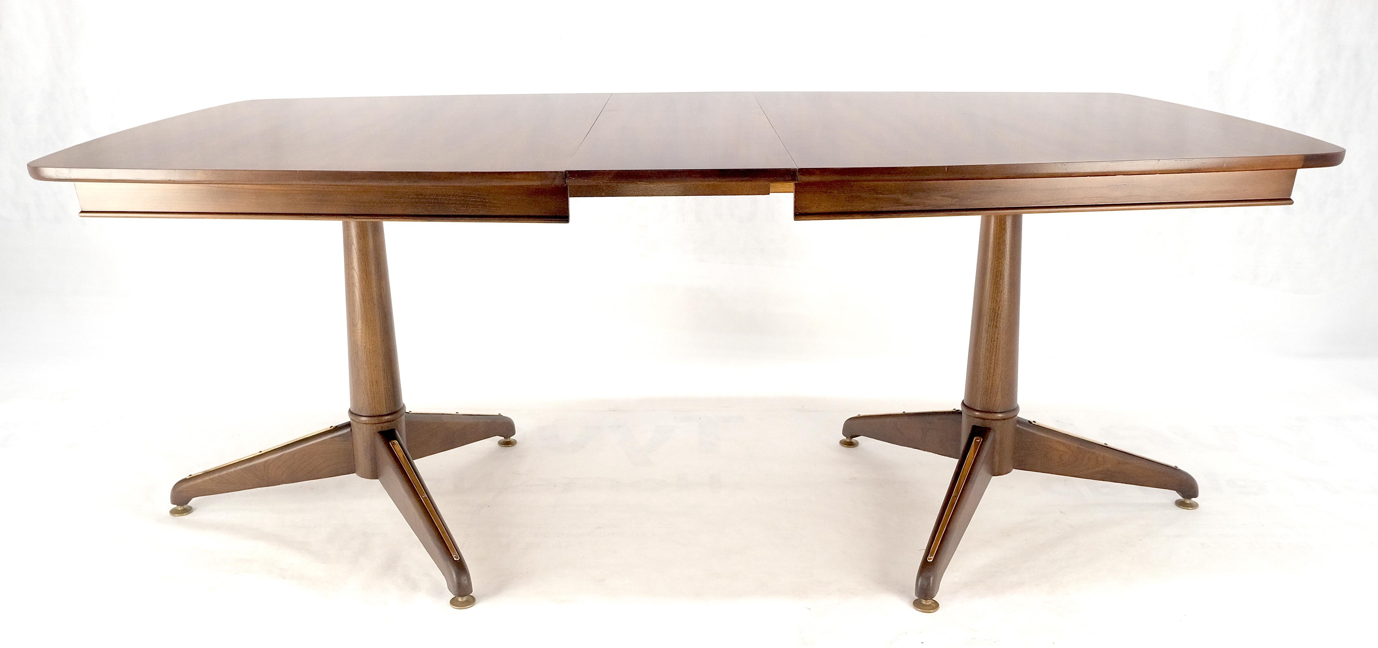 Walnut Boat Shape Double Tripod Bases One Extension Leaf Board Dining Table MINT For Sale 1
