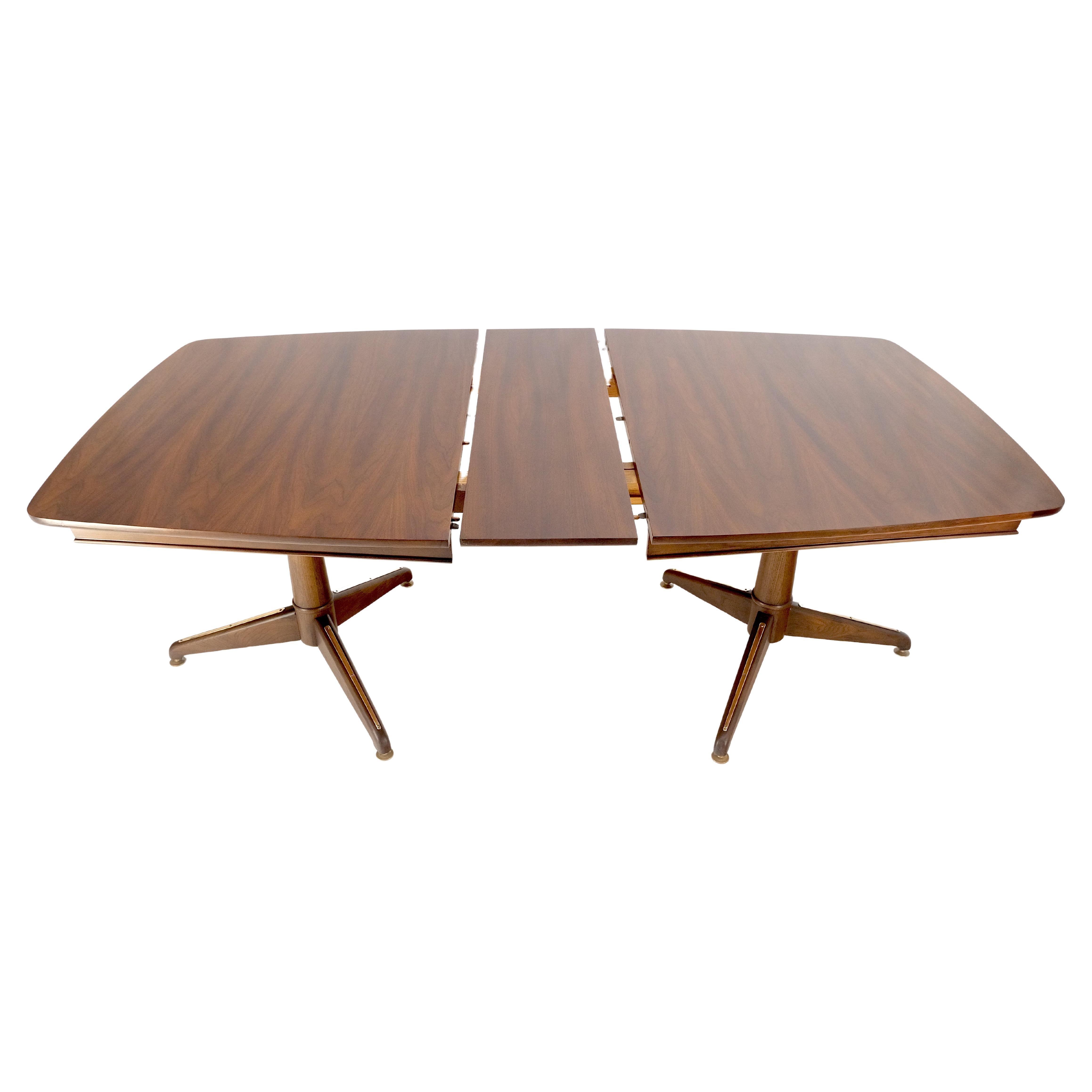 Walnut Boat Shape Double Tripod Bases One Extension Leaf Board Dining Table MINT For Sale