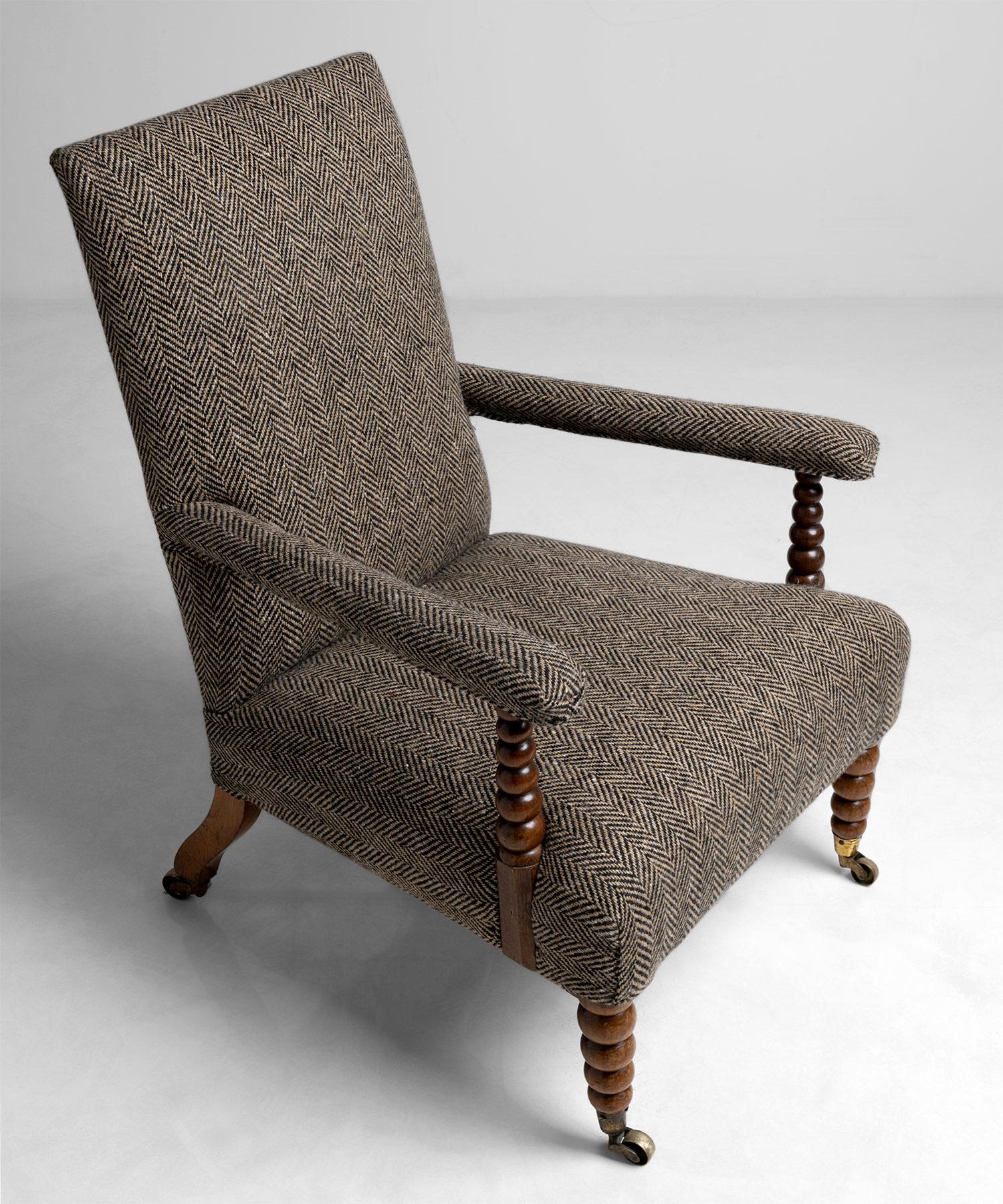 English Walnut Bobbin Chair in Virgin Wool Herringbone by Pierre Frey, England 1820