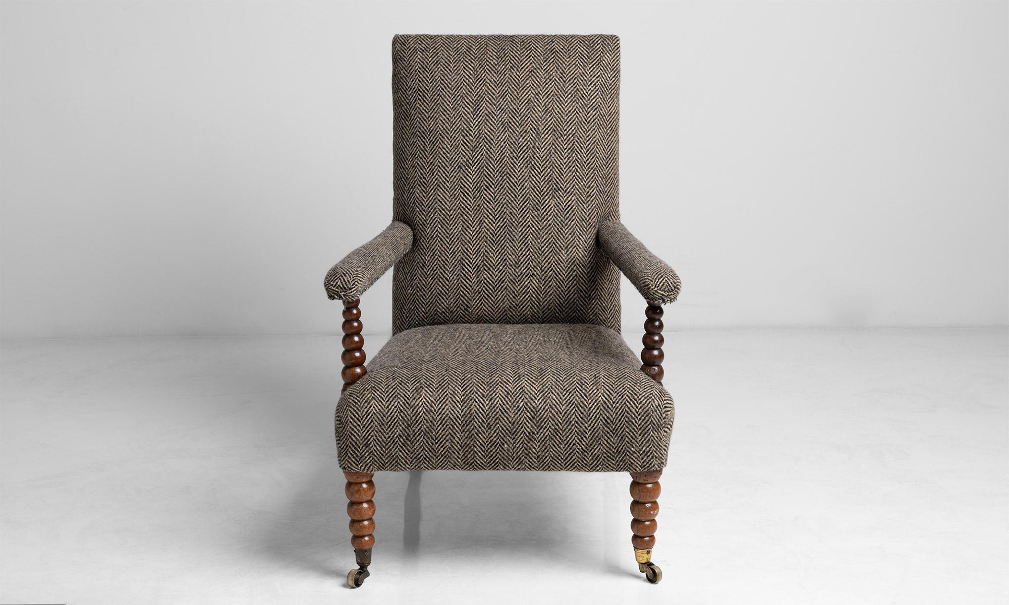 Early 19th Century Walnut Bobbin Chair in Virgin Wool Herringbone by Pierre Frey, England 1820