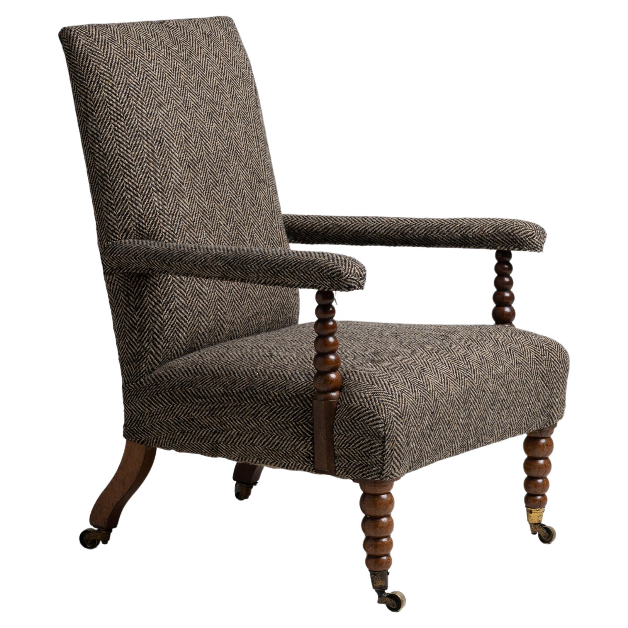 Walnut Bobbin Chair in Virgin Wool Herringbone by Pierre Frey, England 1820