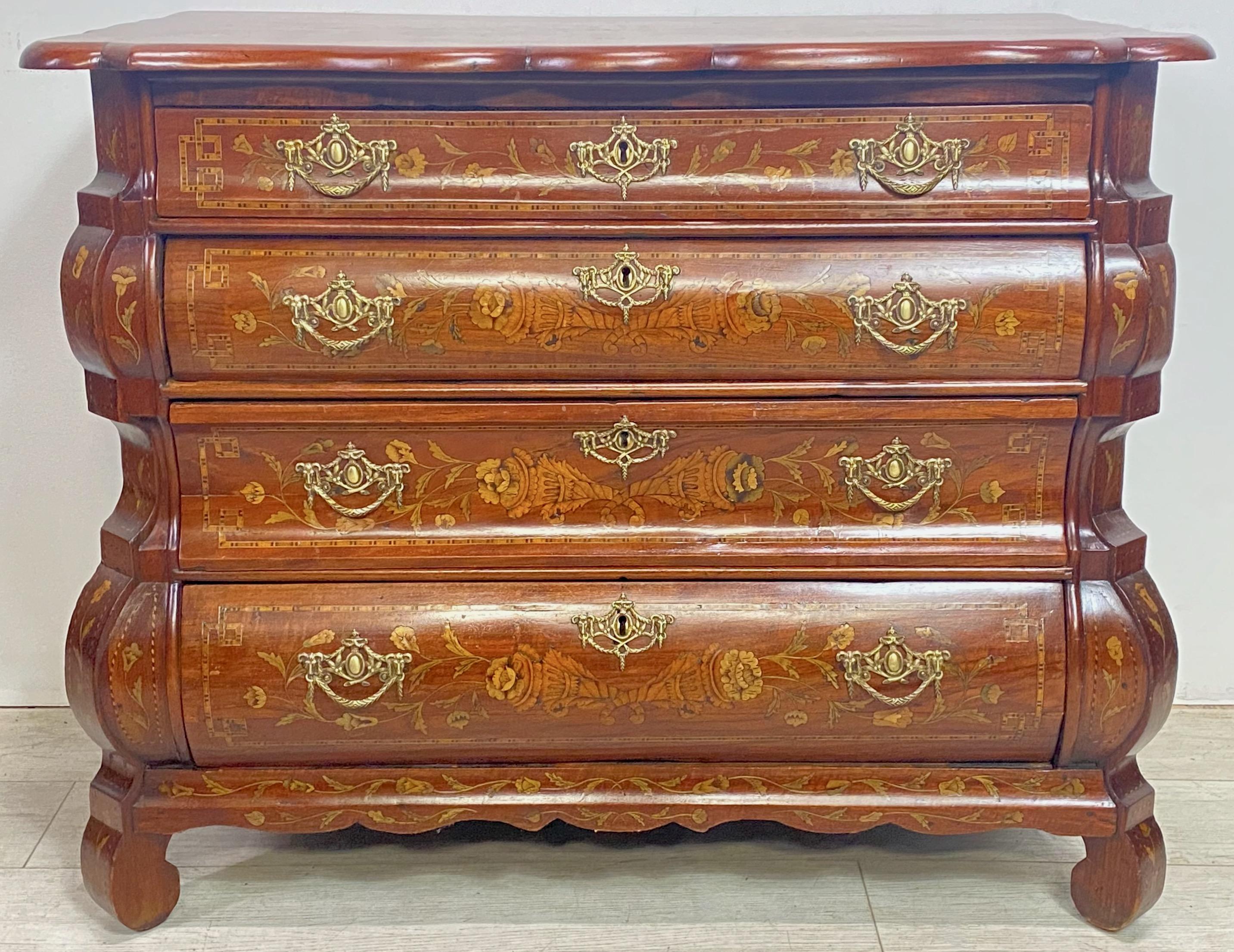Walnut Bombe Style Chest with Satinwood and Fruit Wood Inlay, 18th Century Dutch In Good Condition For Sale In San Francisco, CA