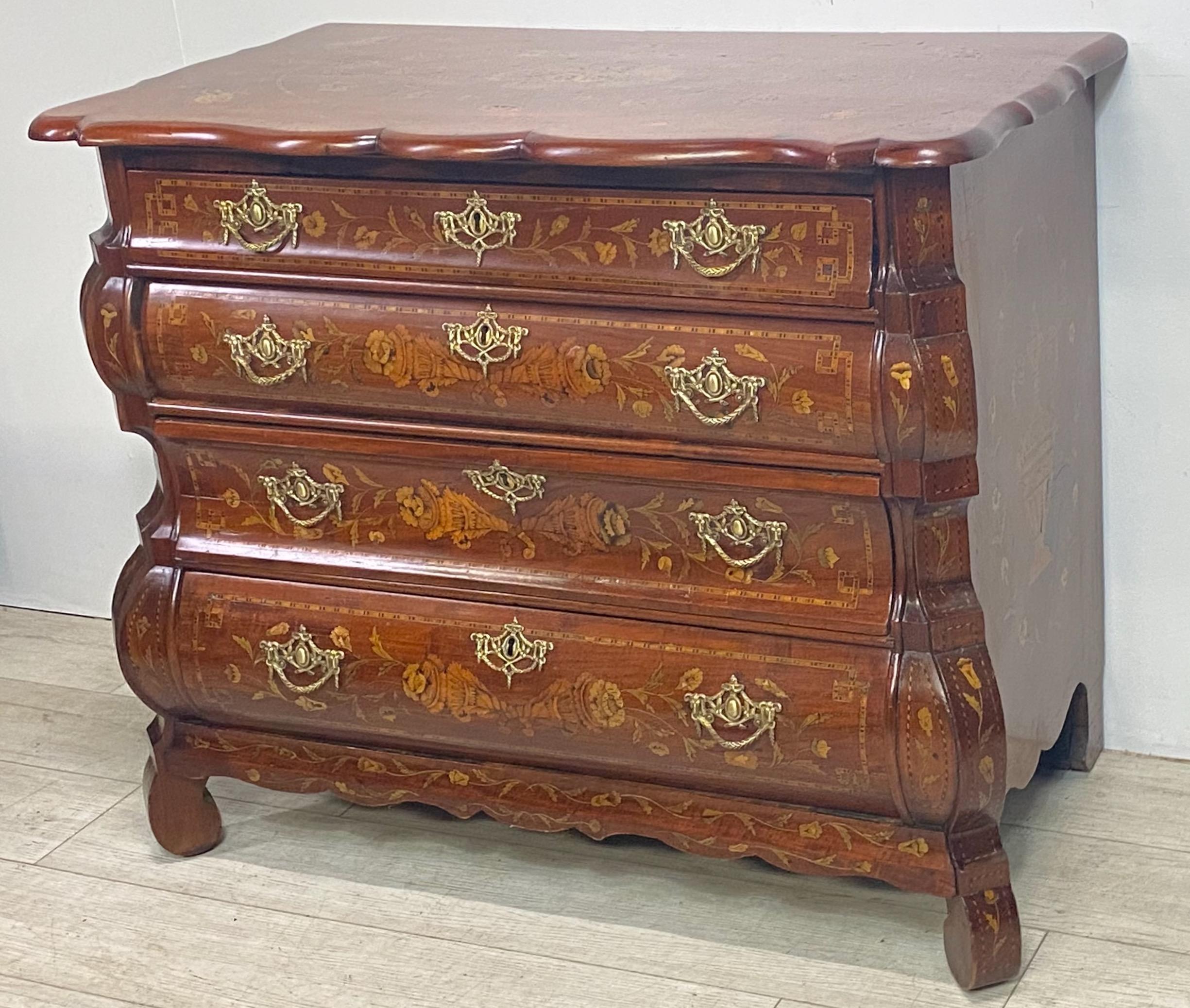 18th Century and Earlier Walnut Bombe Style Chest with Satinwood and Fruit Wood Inlay, 18th Century Dutch For Sale