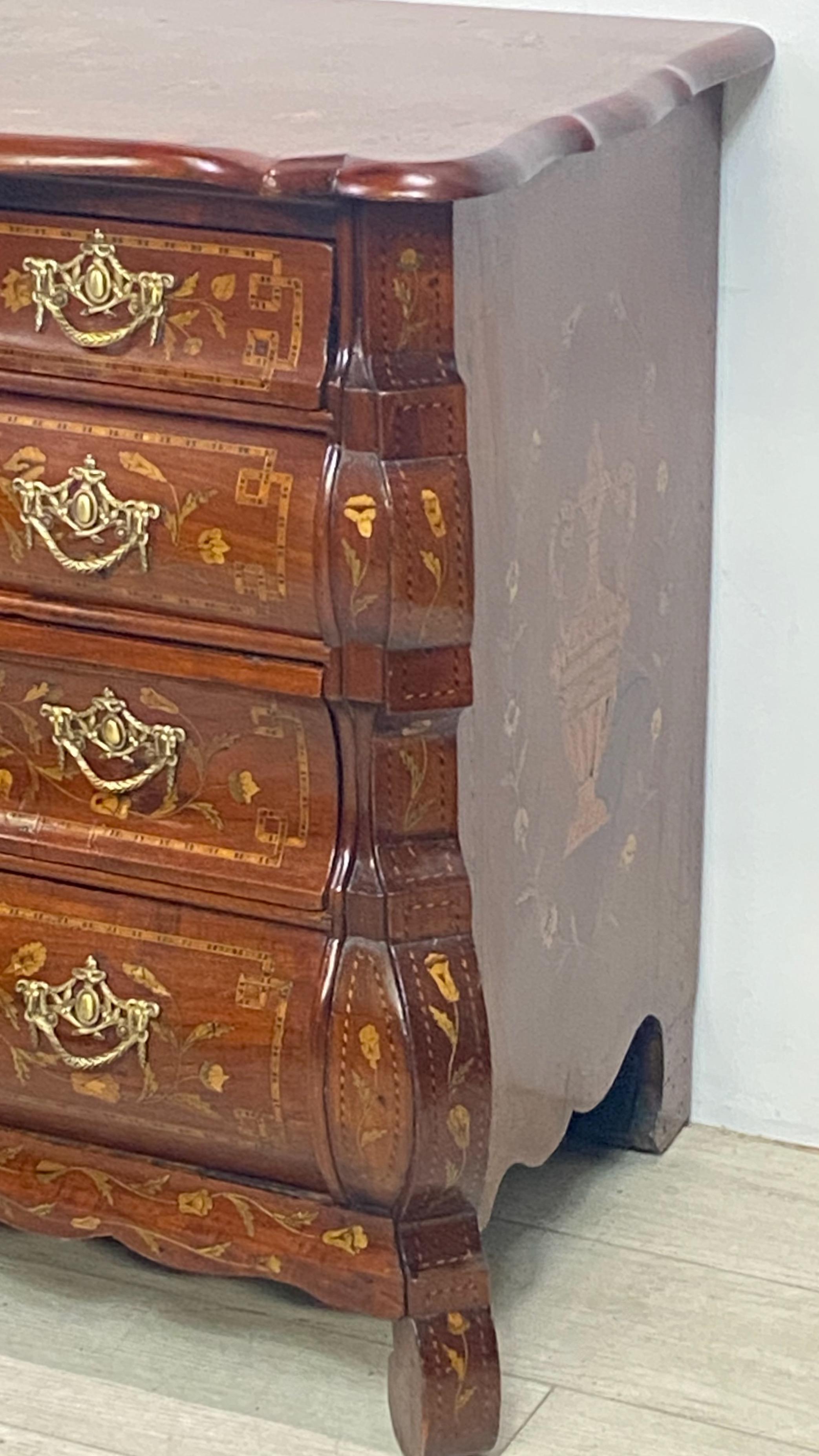Fruitwood Walnut Bombe Style Chest with Satinwood and Fruit Wood Inlay, 18th Century Dutch