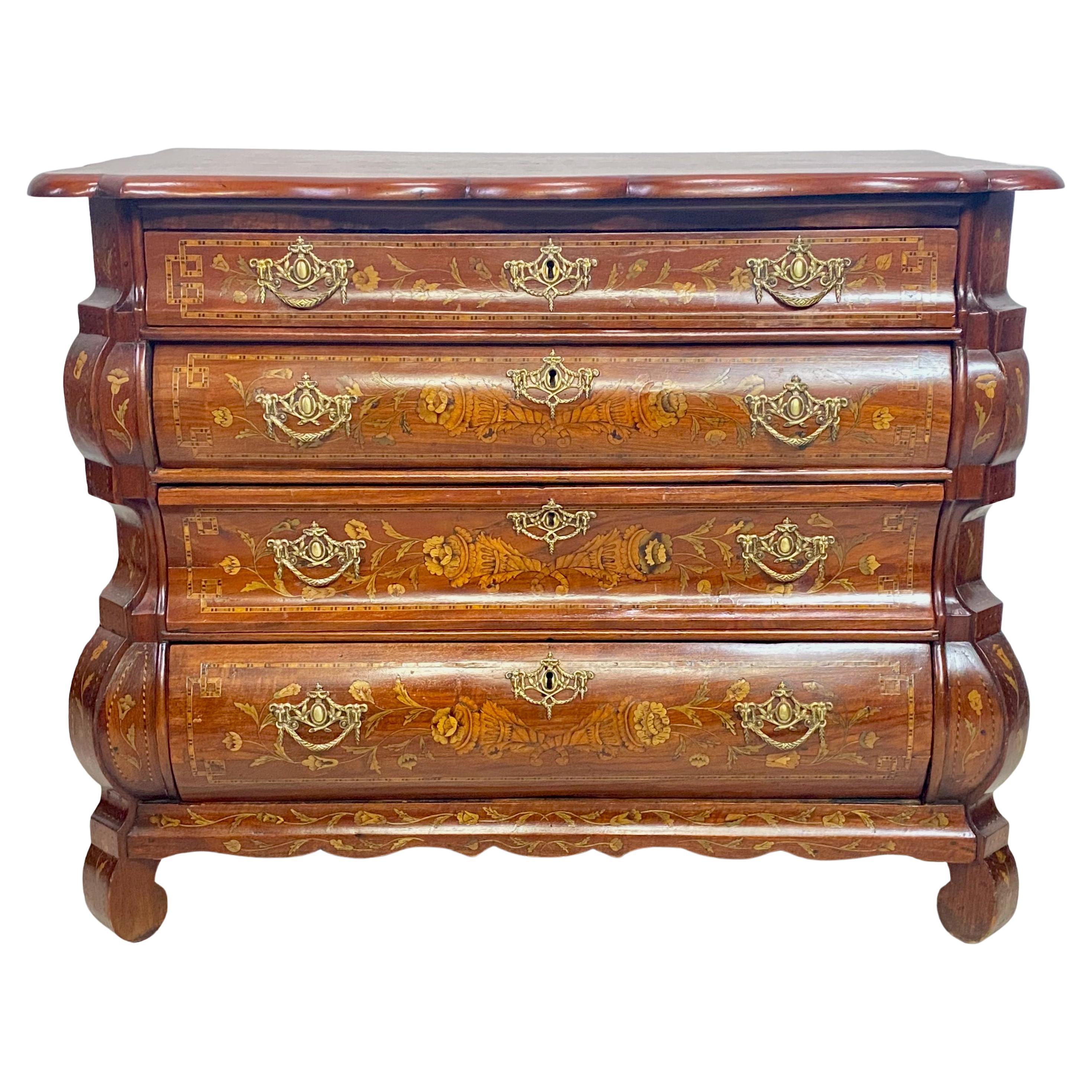 Walnut Bombe Style Chest with Satinwood and Fruit Wood Inlay, 18th Century Dutch For Sale