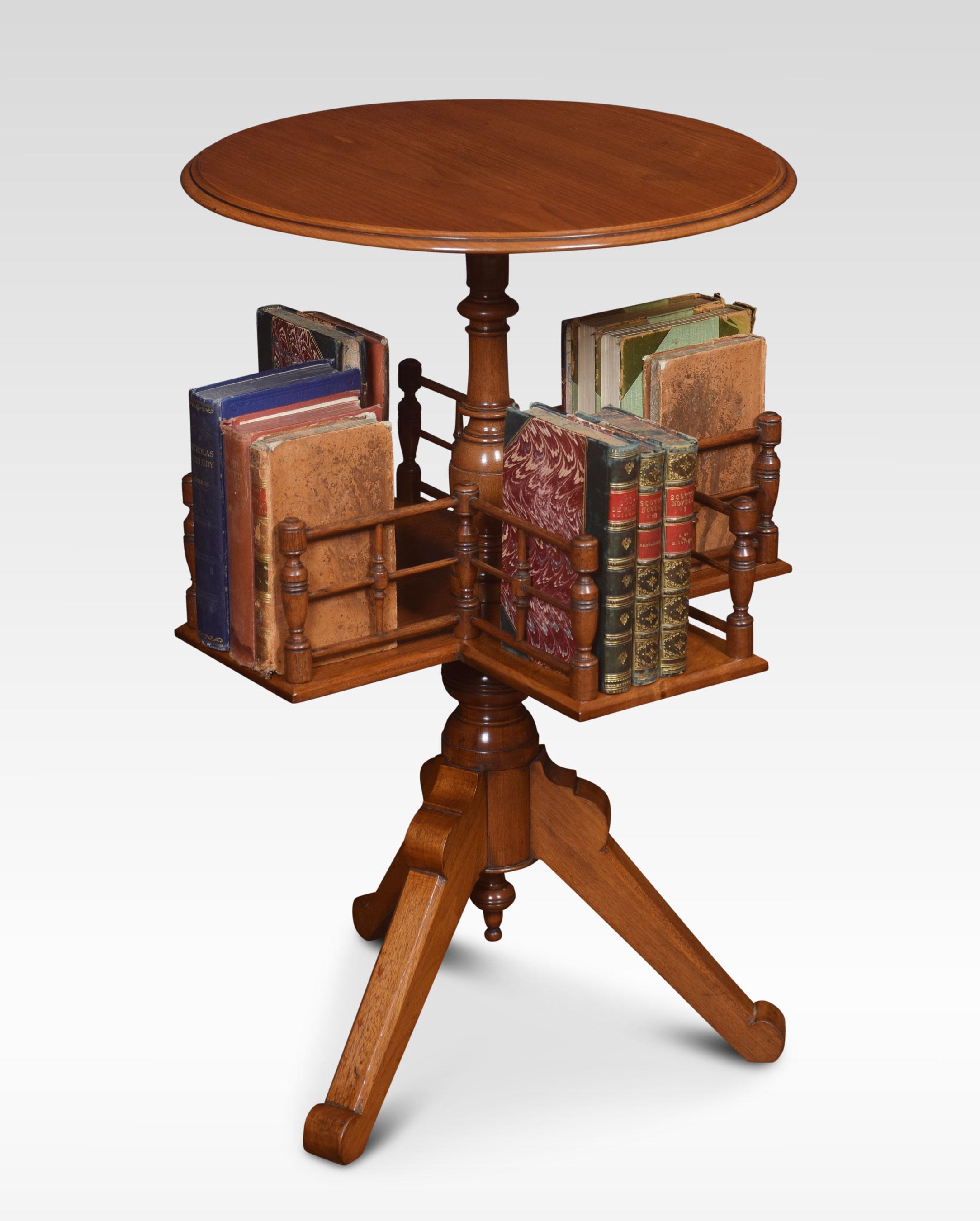 Walnut book table, the round top with moulded edge above a shaped under tier with a spindle gallery on a down swept tripod base.
Dimensions:
Height 28.5 inches
Width 18.5 inches
Depth 18.5 inches.