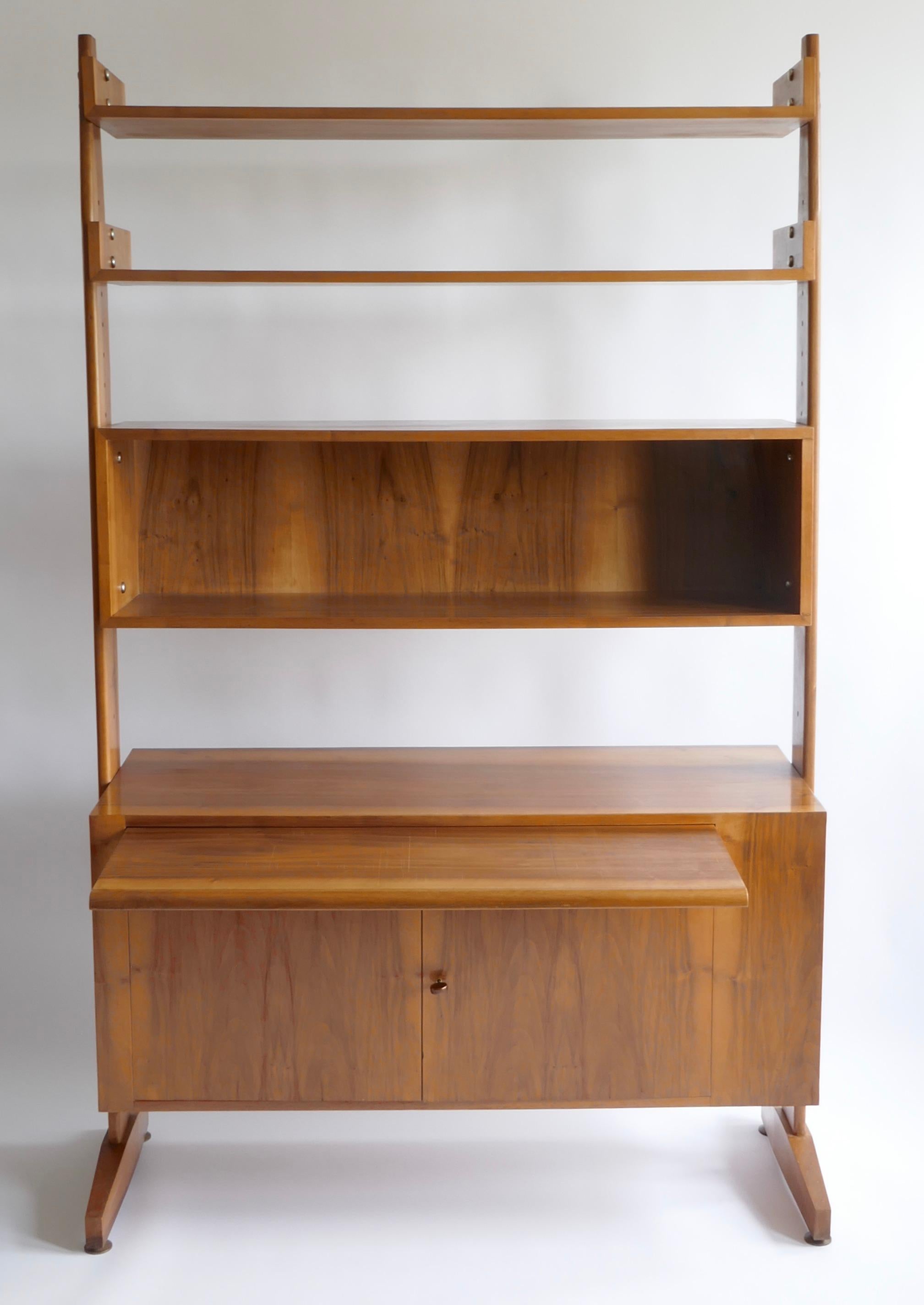 Mid-20th Century  Walnut Bookcase Cabinet with Sliding Desk, Italy 1950s
