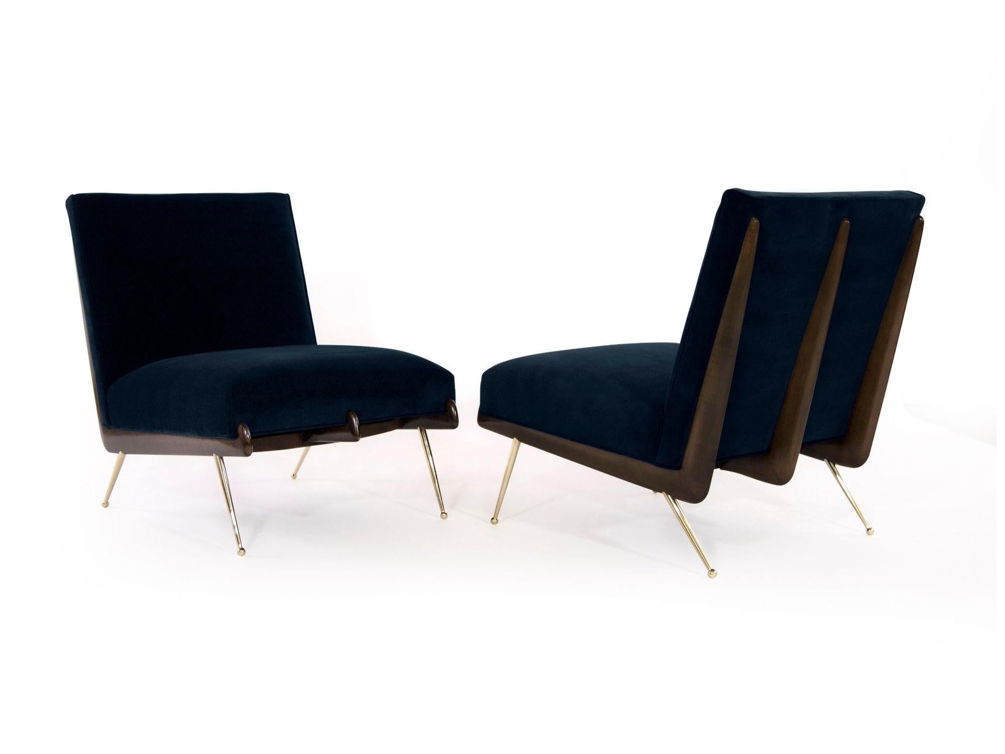 Mid-Century Modern Walnut Boomerang Lounge Chair in Brass and Dark Walnut by Stamford Modern