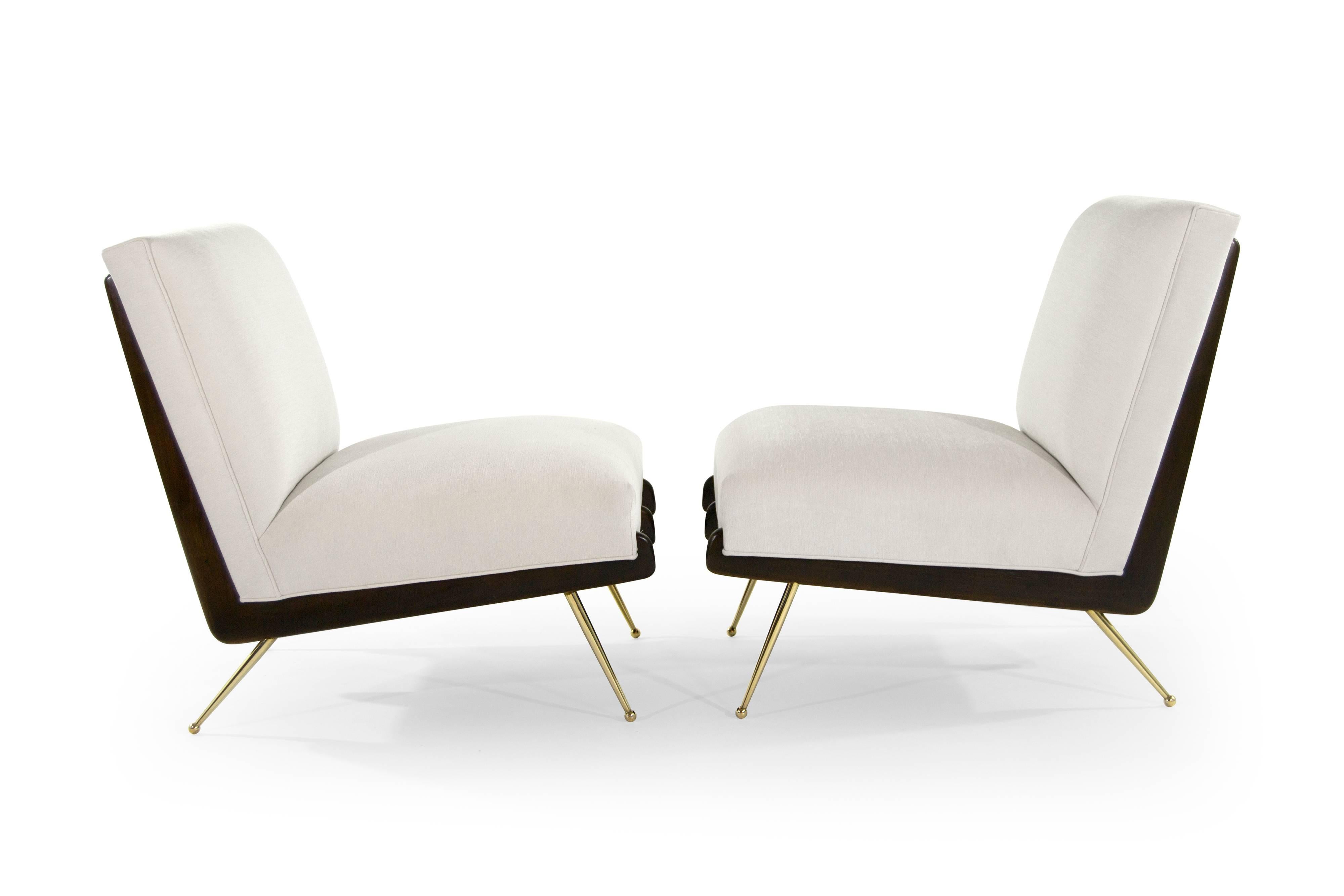 Mid-Century Modern Walnut Boomerang Lounge Chairs on Brass Legs