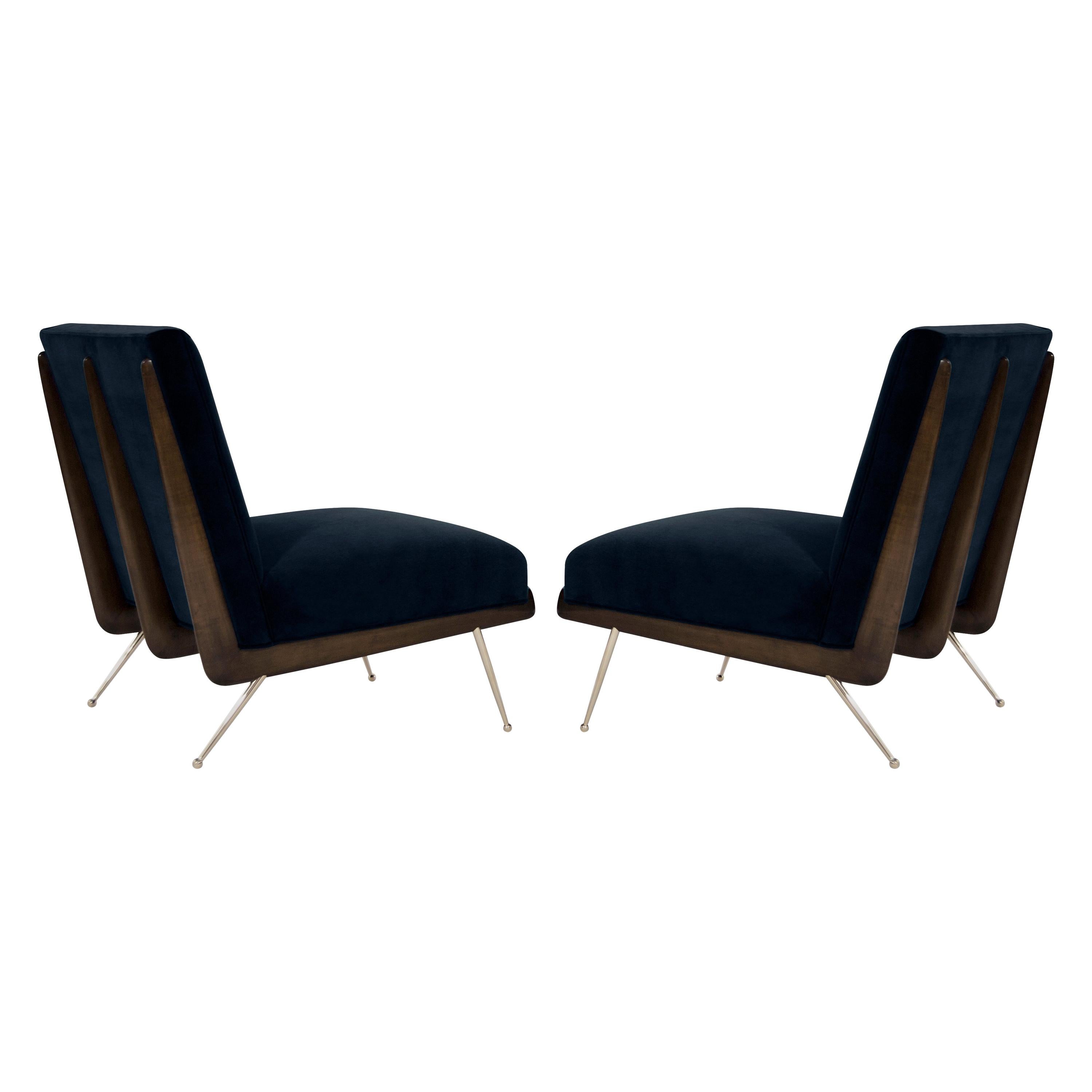 Walnut Boomerang Lounge Chairs on Brass Legs