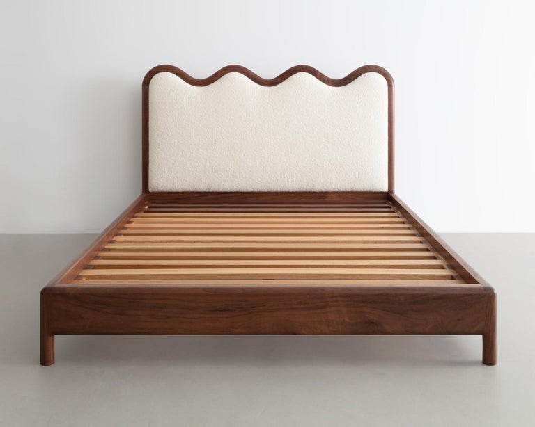 Walnut and Boucle Squiggle Bed, Queen Bed For Sale at 1stDibs