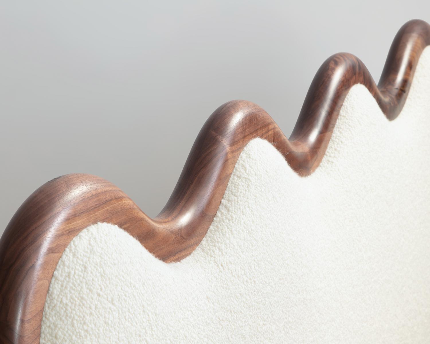 American Craftsman Walnut & Boucle Squiggle Bed, Queen Bed For Sale