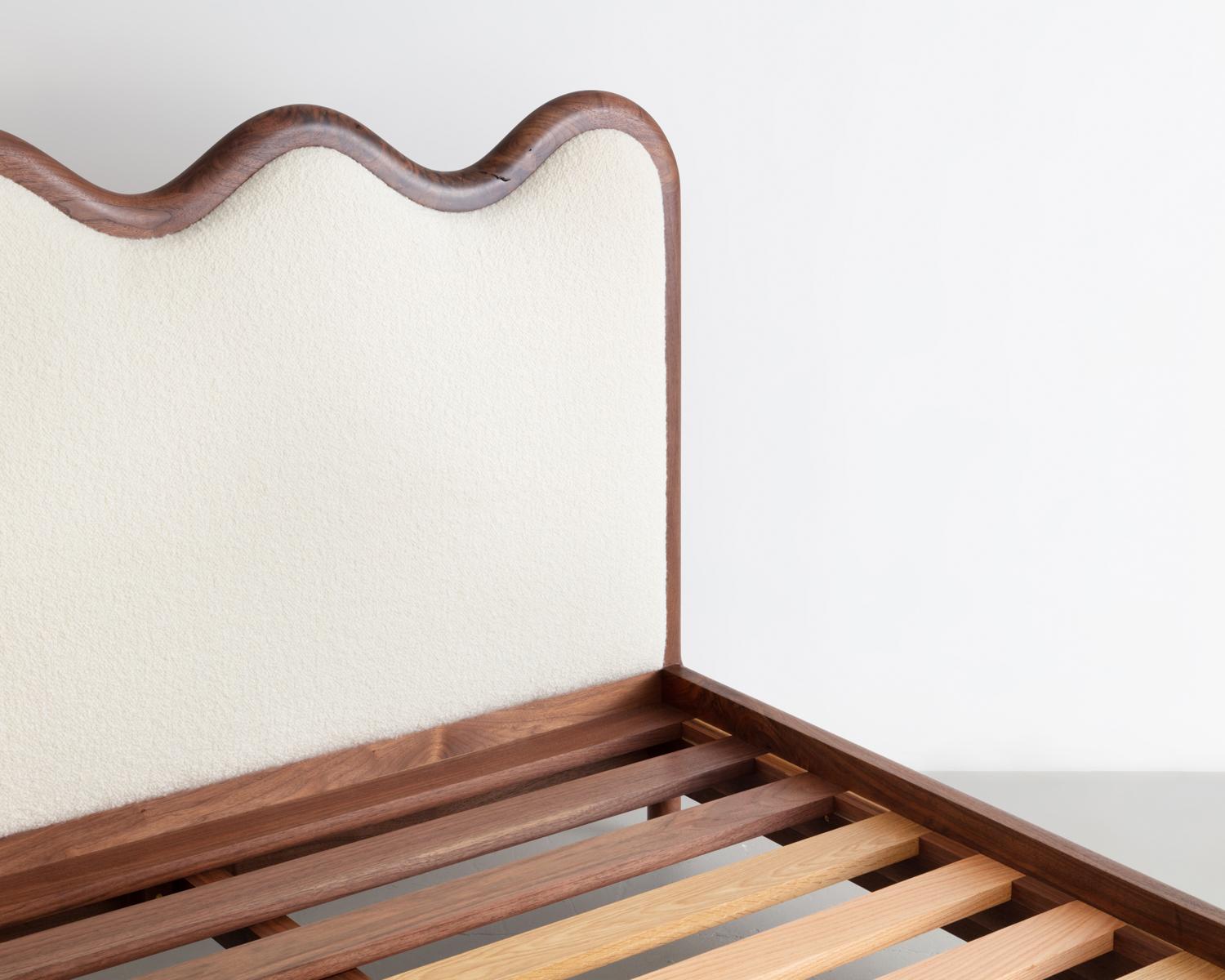 American Walnut & Boucle Squiggle Bed, Queen Bed For Sale