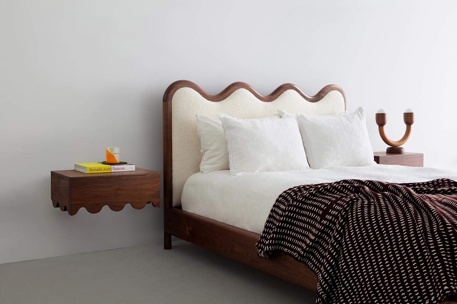 Hand-Carved Walnut & Boucle Squiggle Bed, Queen Bed For Sale