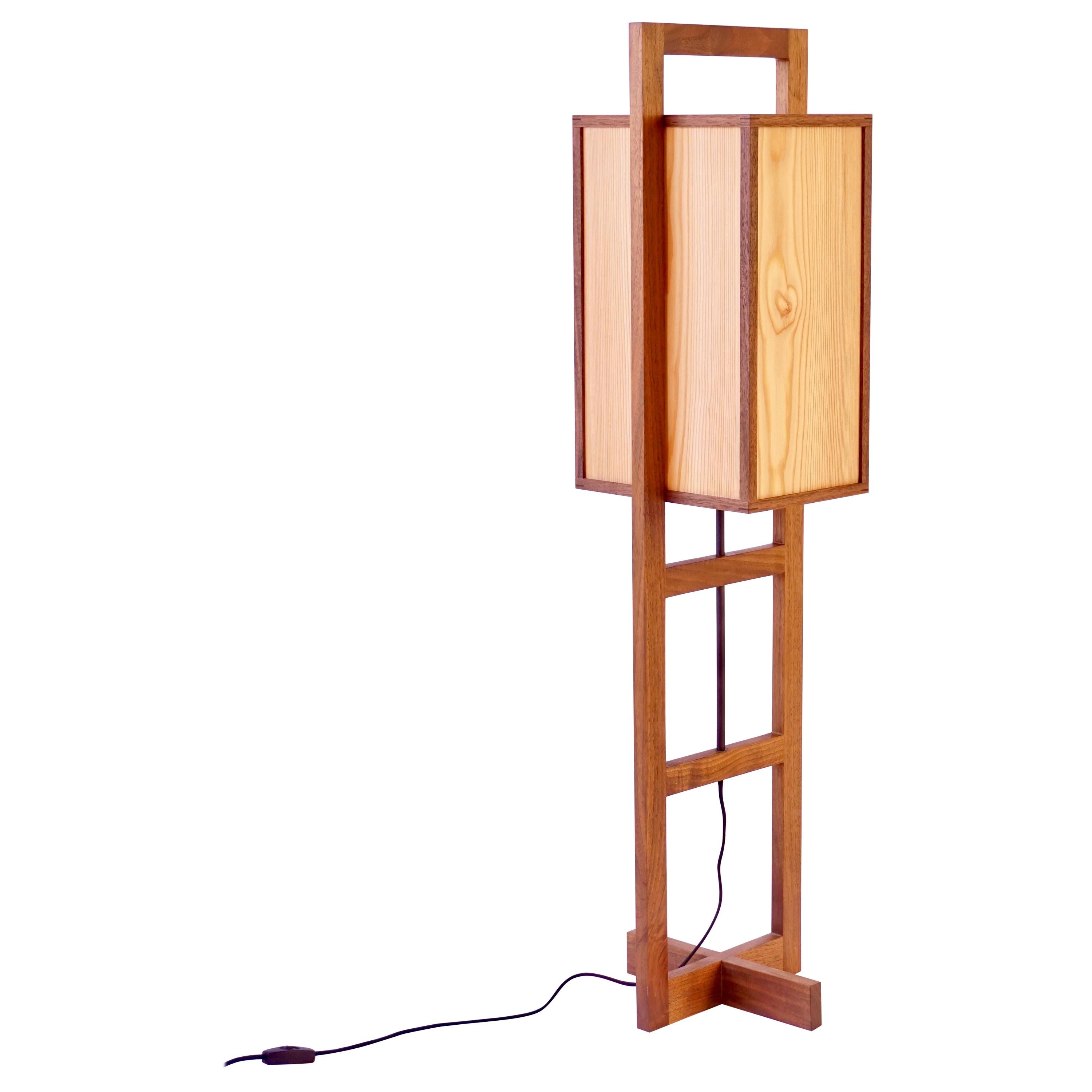 Walnut Box Lamp, Medium Grid Style Floor Lamp