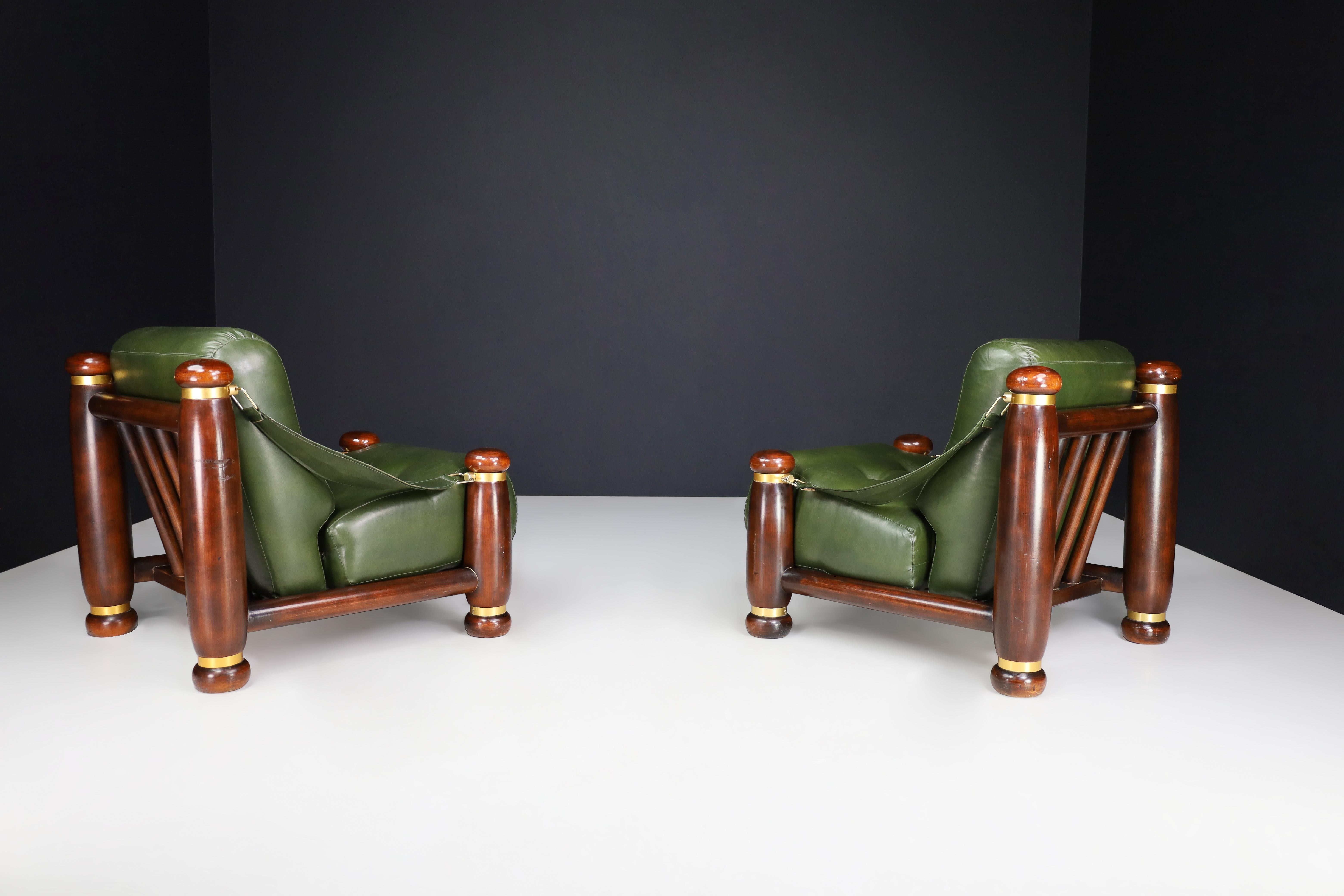 Walnut, Brass, and Green Leather Lounge Chairs from, Italy, 1960s For Sale 4