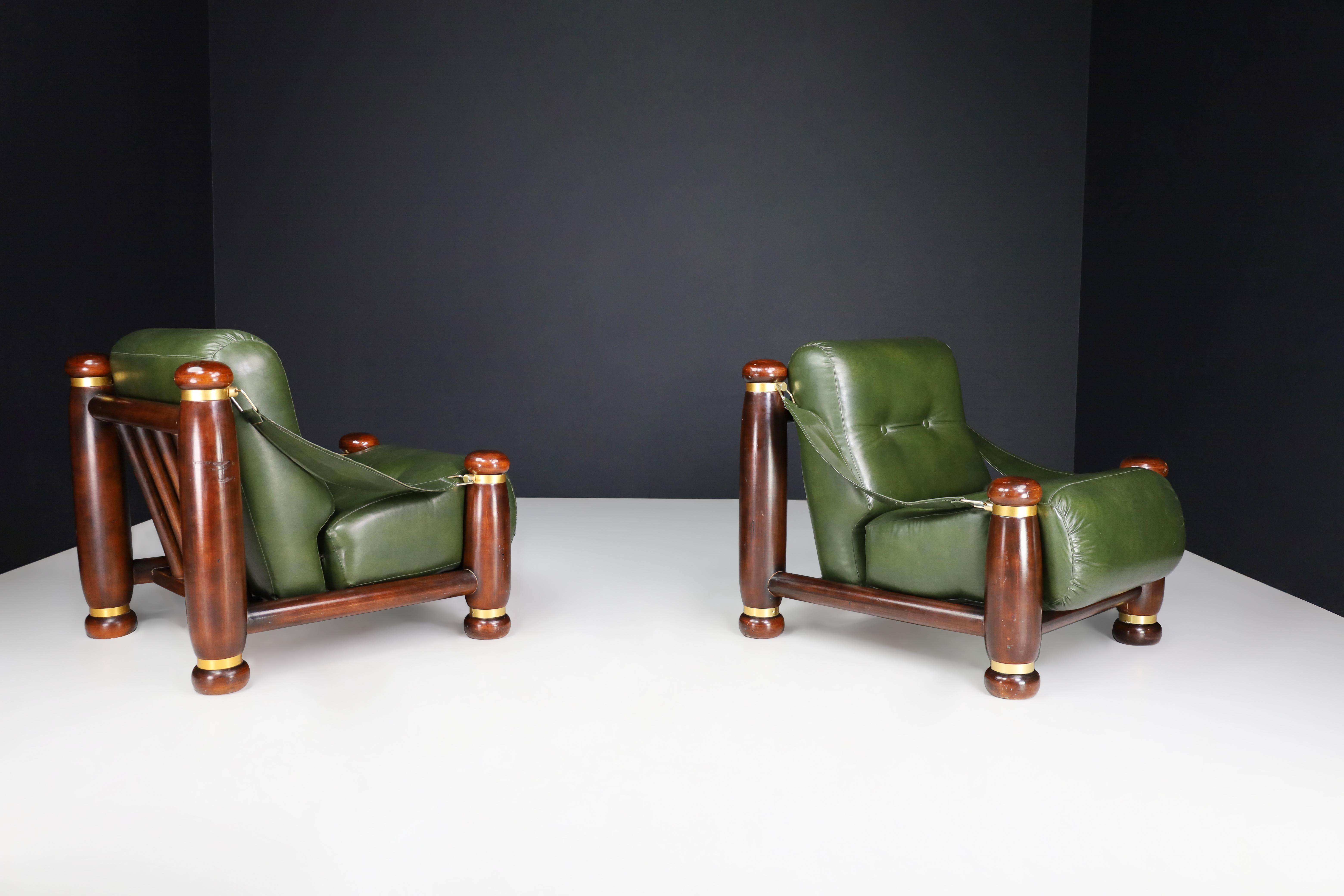 Walnut, Brass, and Green Leather Lounge Chairs from, Italy, 1960s For Sale 5