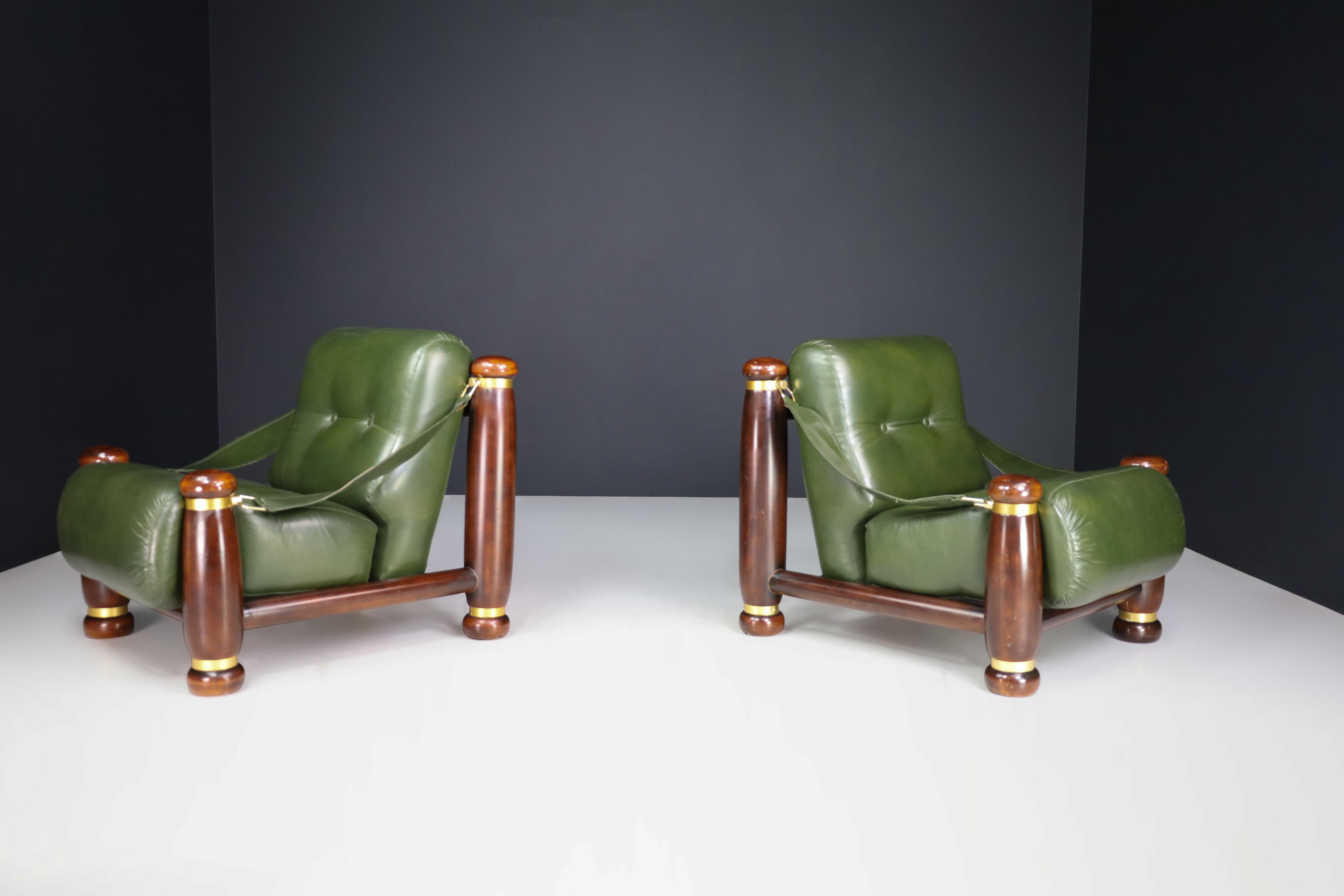Walnut, Brass, and Green Leather Lounge Chairs from, Italy, 1960s For Sale 6