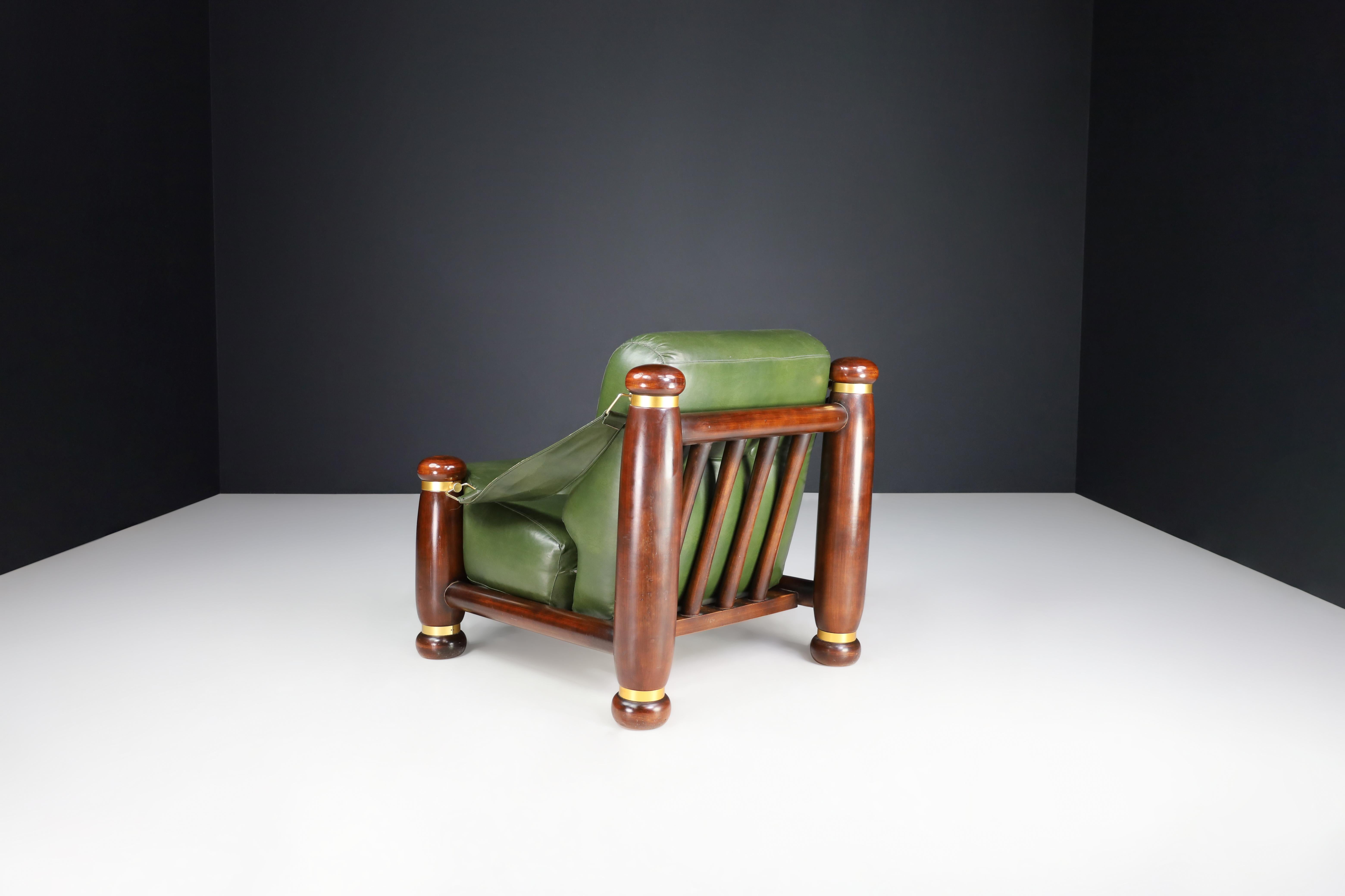 Mid-Century Modern Walnut, Brass, and Green Leather Lounge Chairs from, Italy, 1960s For Sale