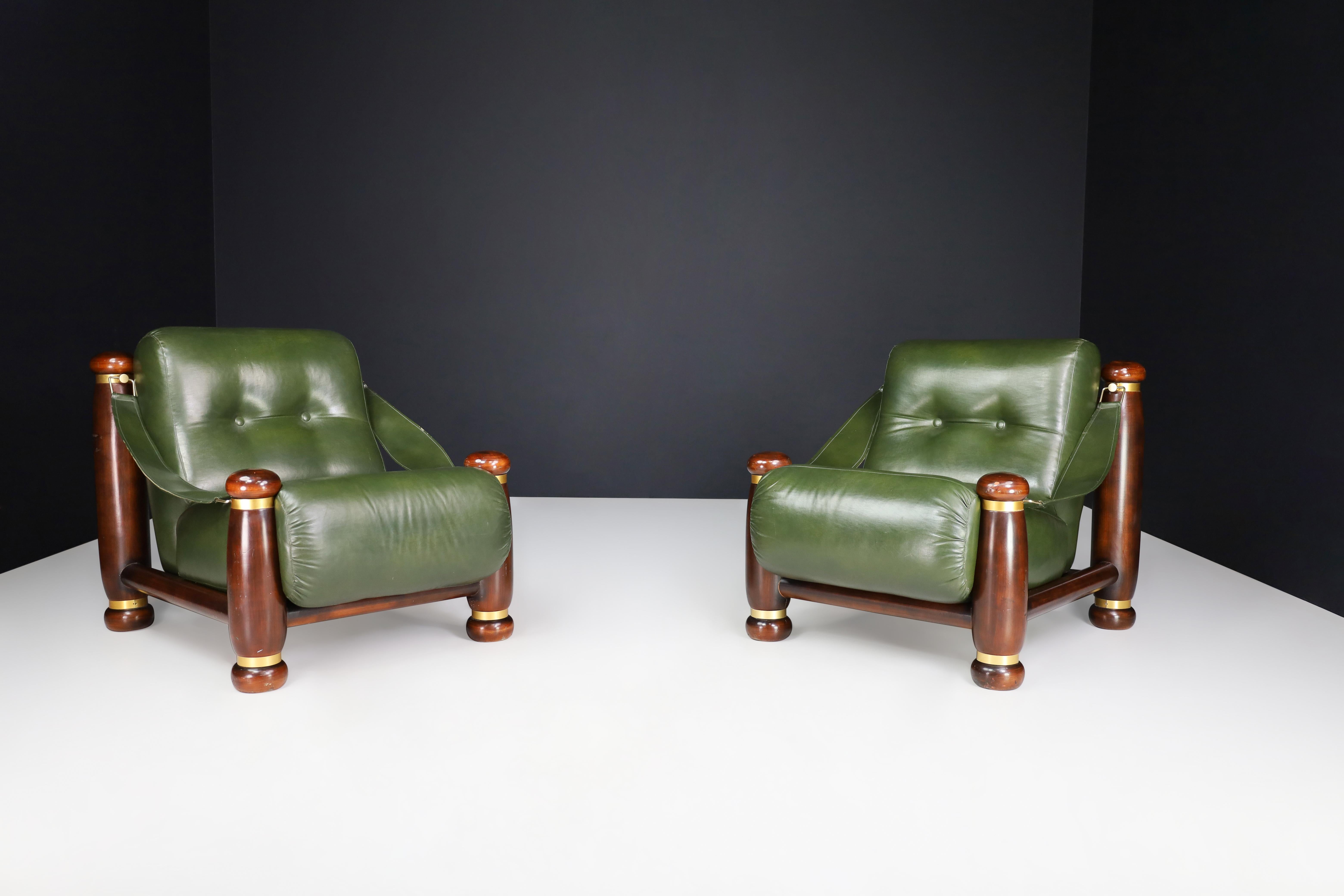 20th Century Walnut, Brass, and Green Leather Lounge Chairs from, Italy, 1960s For Sale