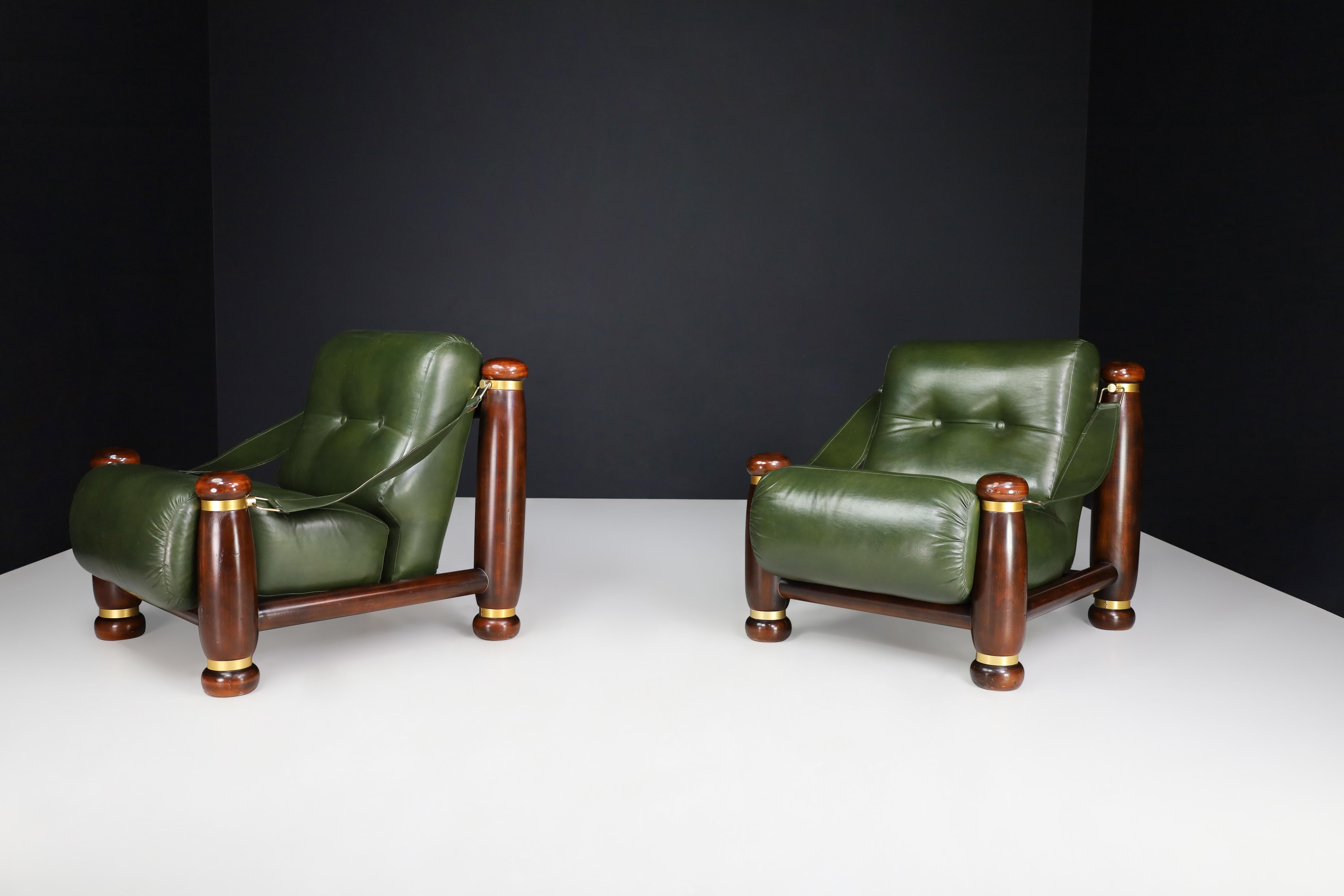 Walnut, Brass, and Green Leather Lounge Chairs from, Italy, 1960s For Sale 1