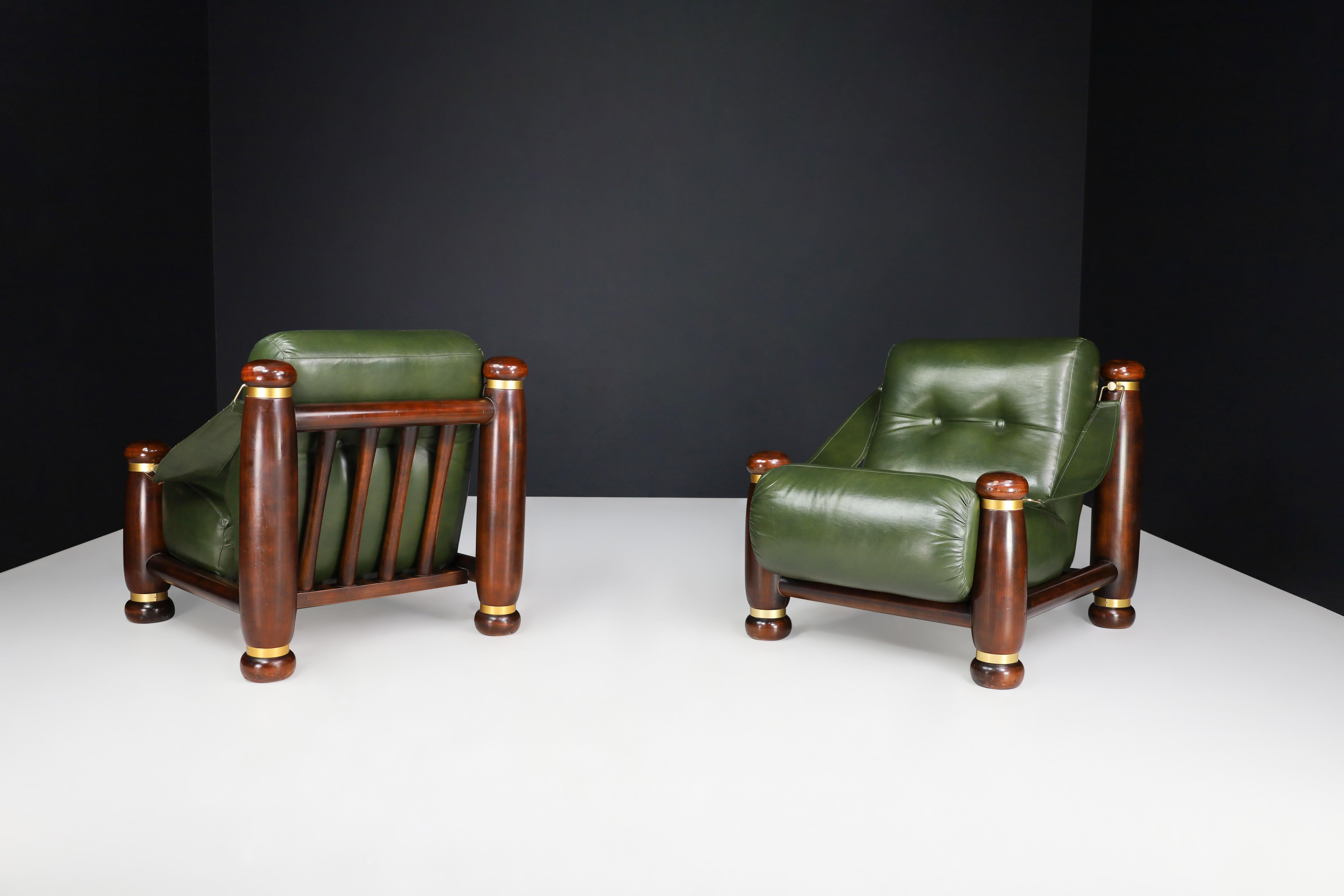 Walnut, Brass, and Green Leather Lounge Chairs from, Italy, 1960s For Sale 2
