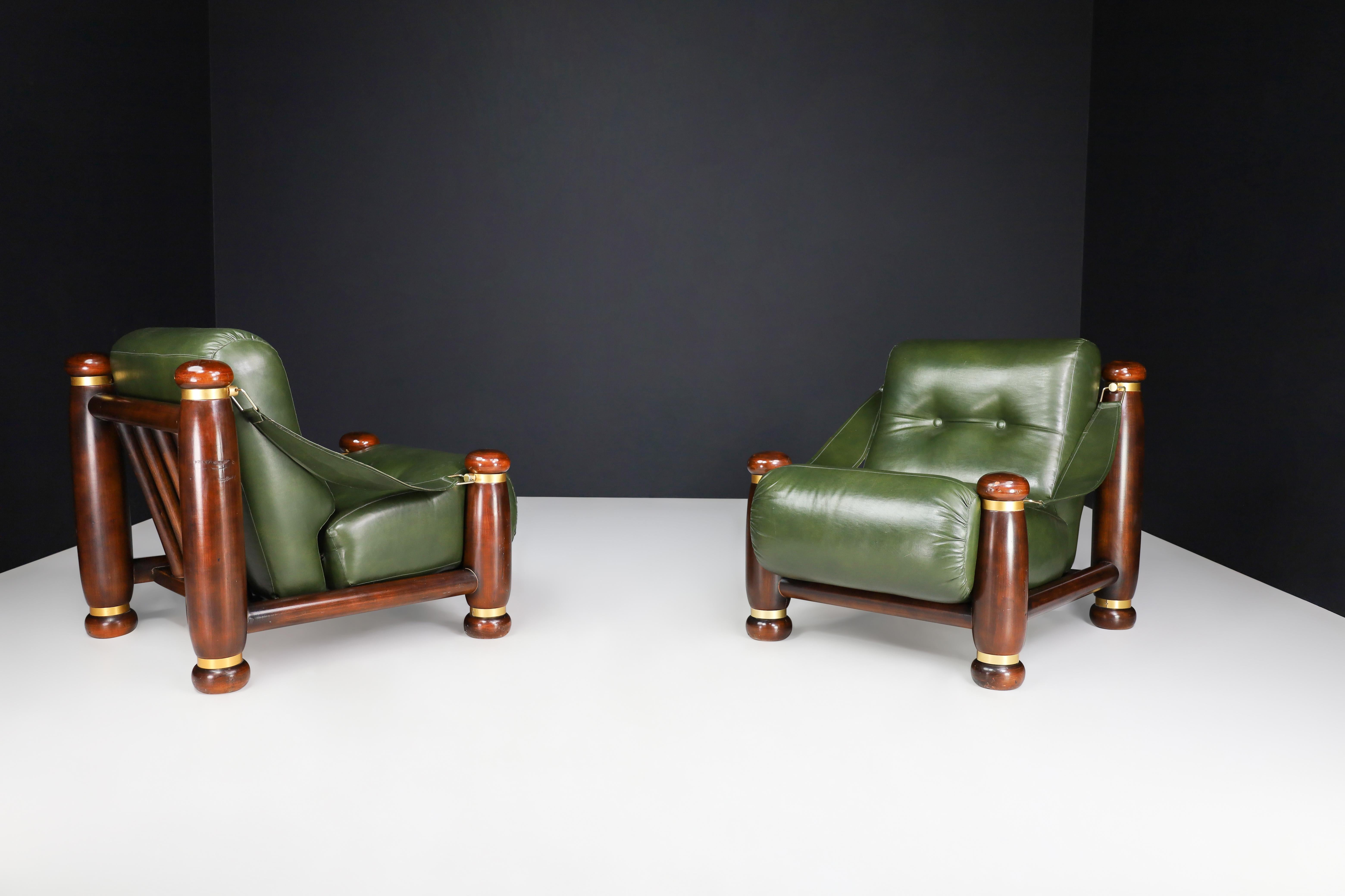 Walnut, Brass, and Green Leather Lounge Chairs from, Italy, 1960s For Sale 3