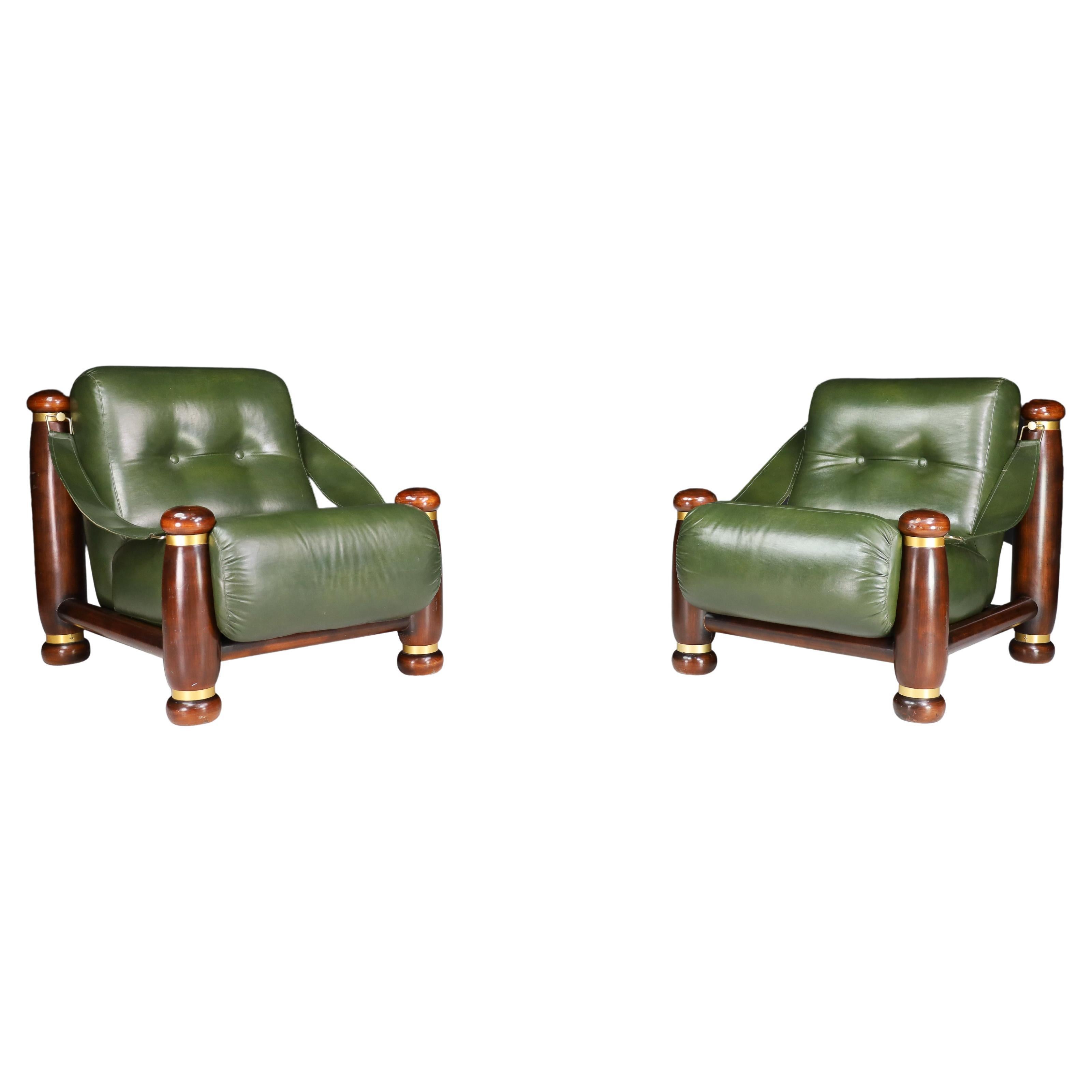 Walnut, Brass, and Green Leather Lounge Chairs from, Italy, 1960s