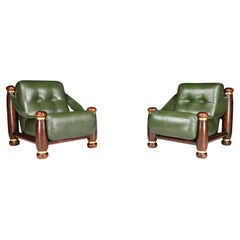 Used Walnut, Brass, and Green Leather Lounge Chairs from, Italy, 1960s