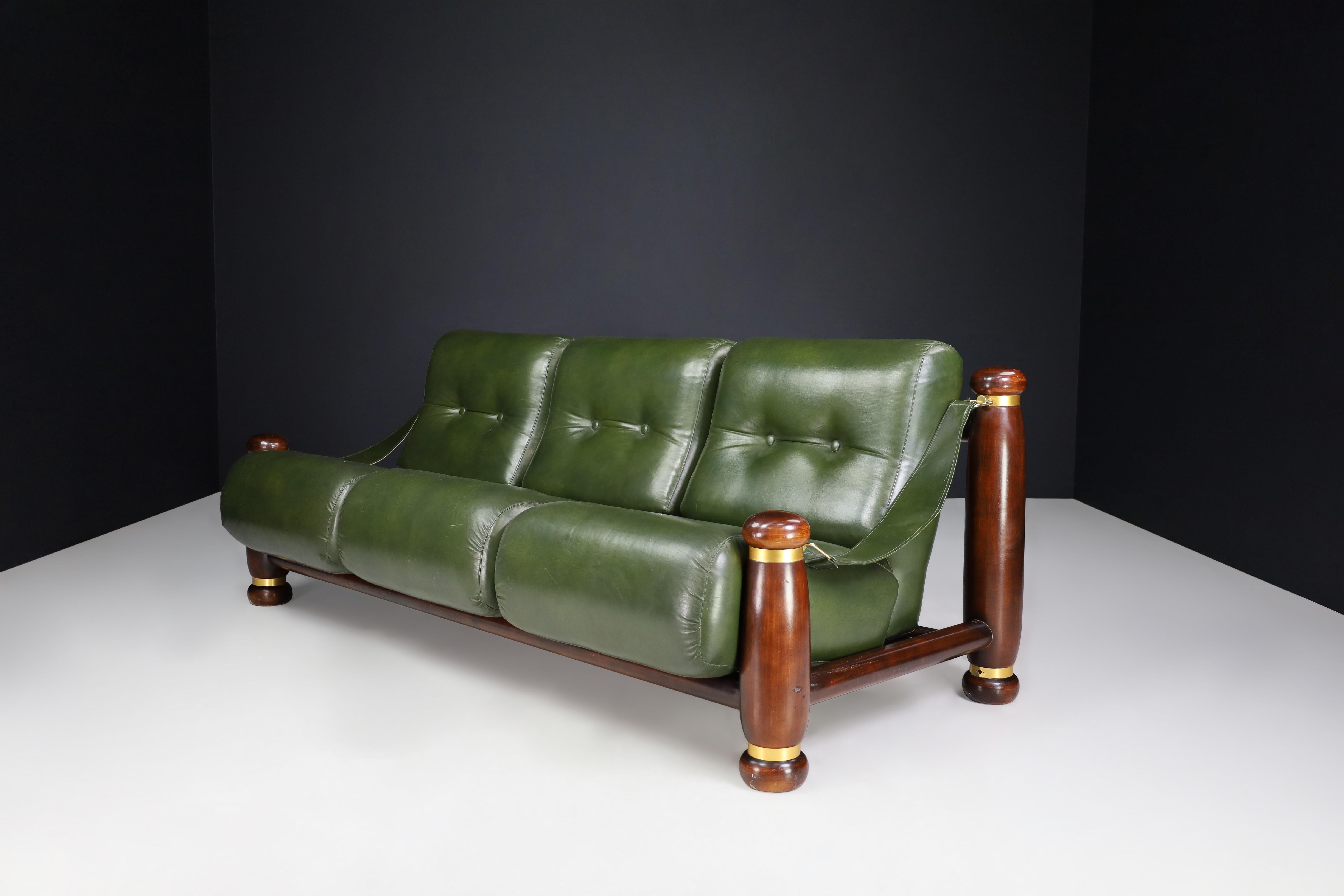 Mid-Century Modern Walnut, Brass, and Green Leather Three-Seat Sofa from, Italy, 1960s For Sale