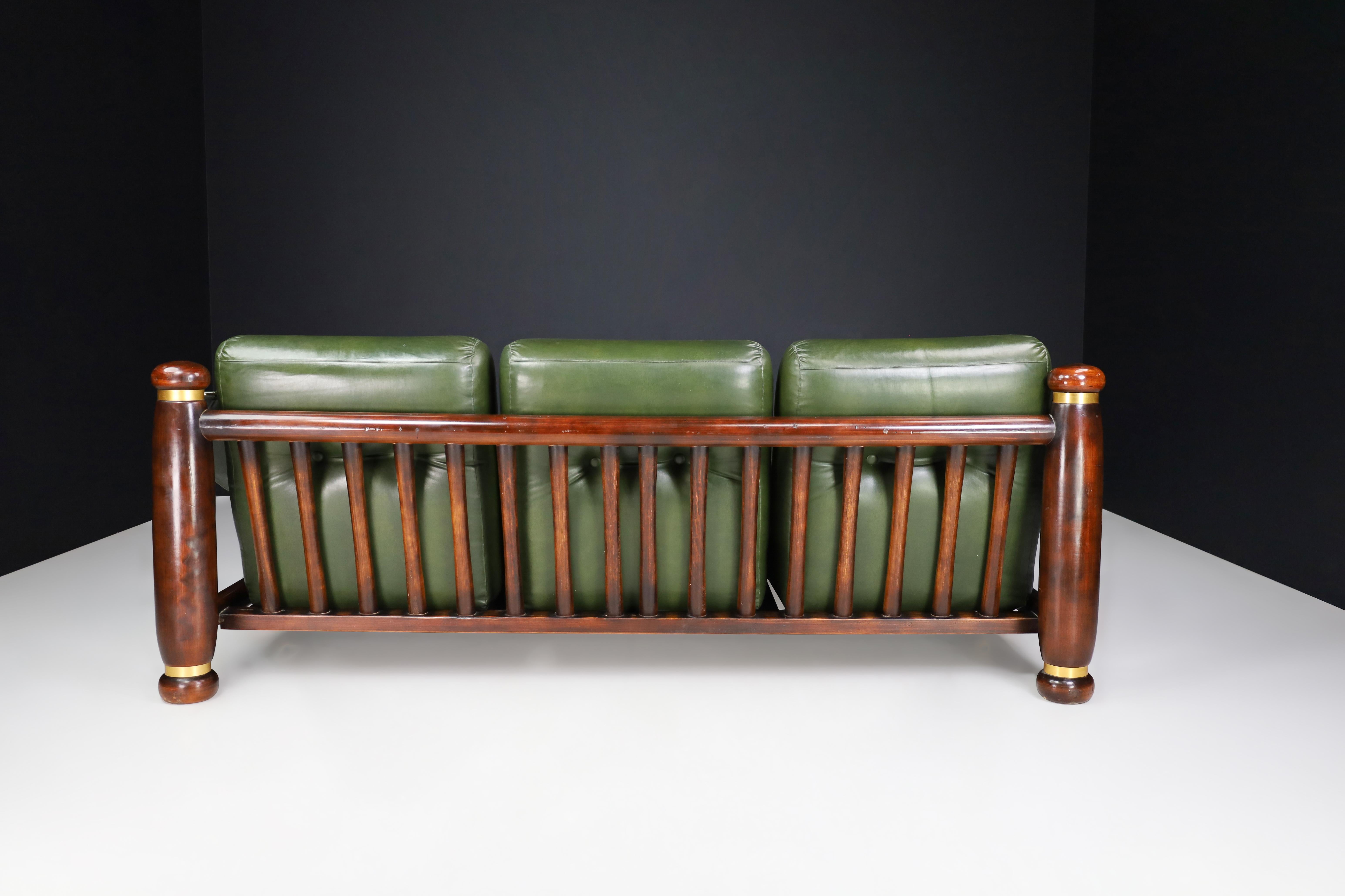 20th Century Walnut, Brass, and Green Leather Three-Seat Sofa from, Italy, 1960s For Sale