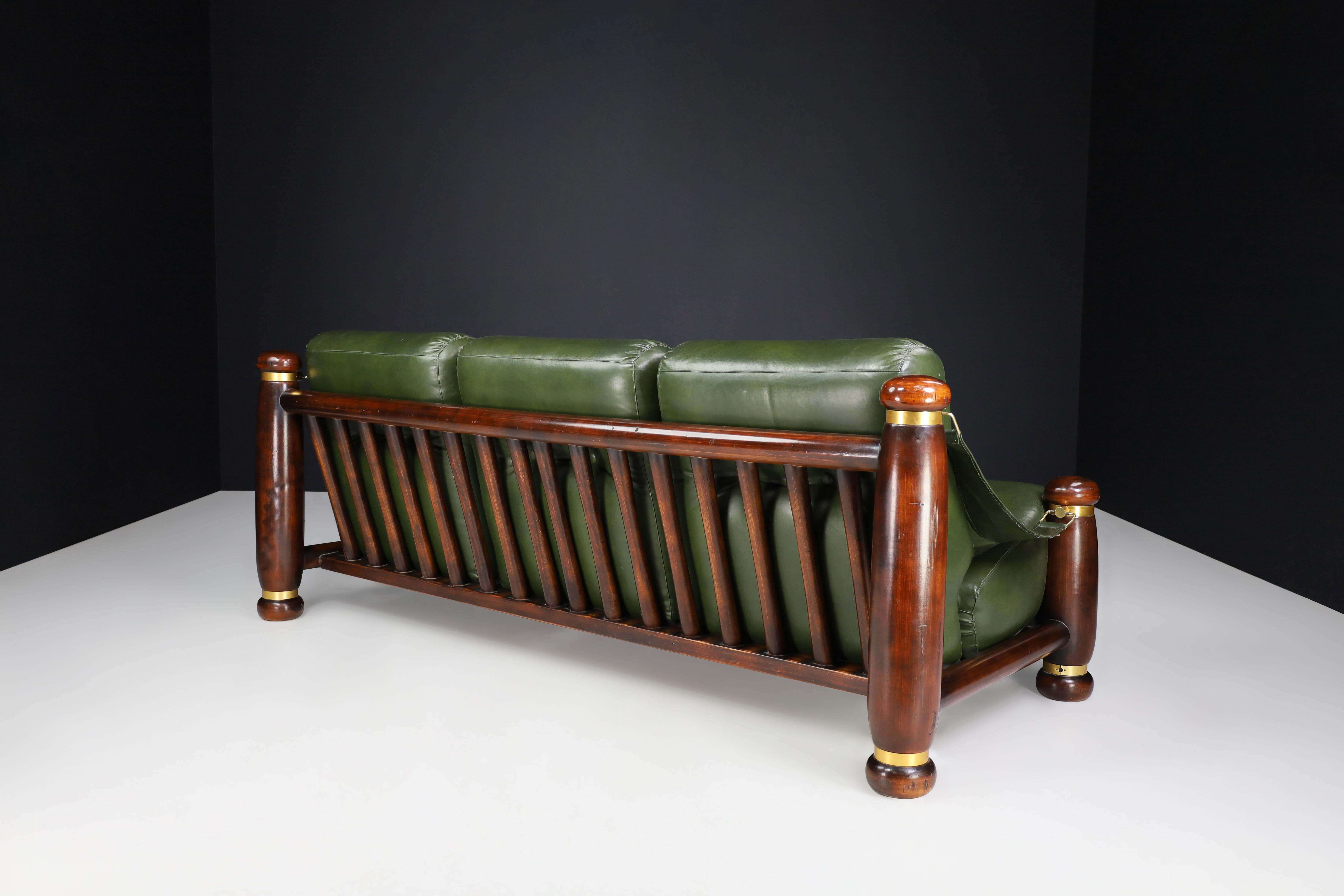 Walnut, Brass, and Green Leather Three-Seat Sofa from, Italy, 1960s For Sale 1