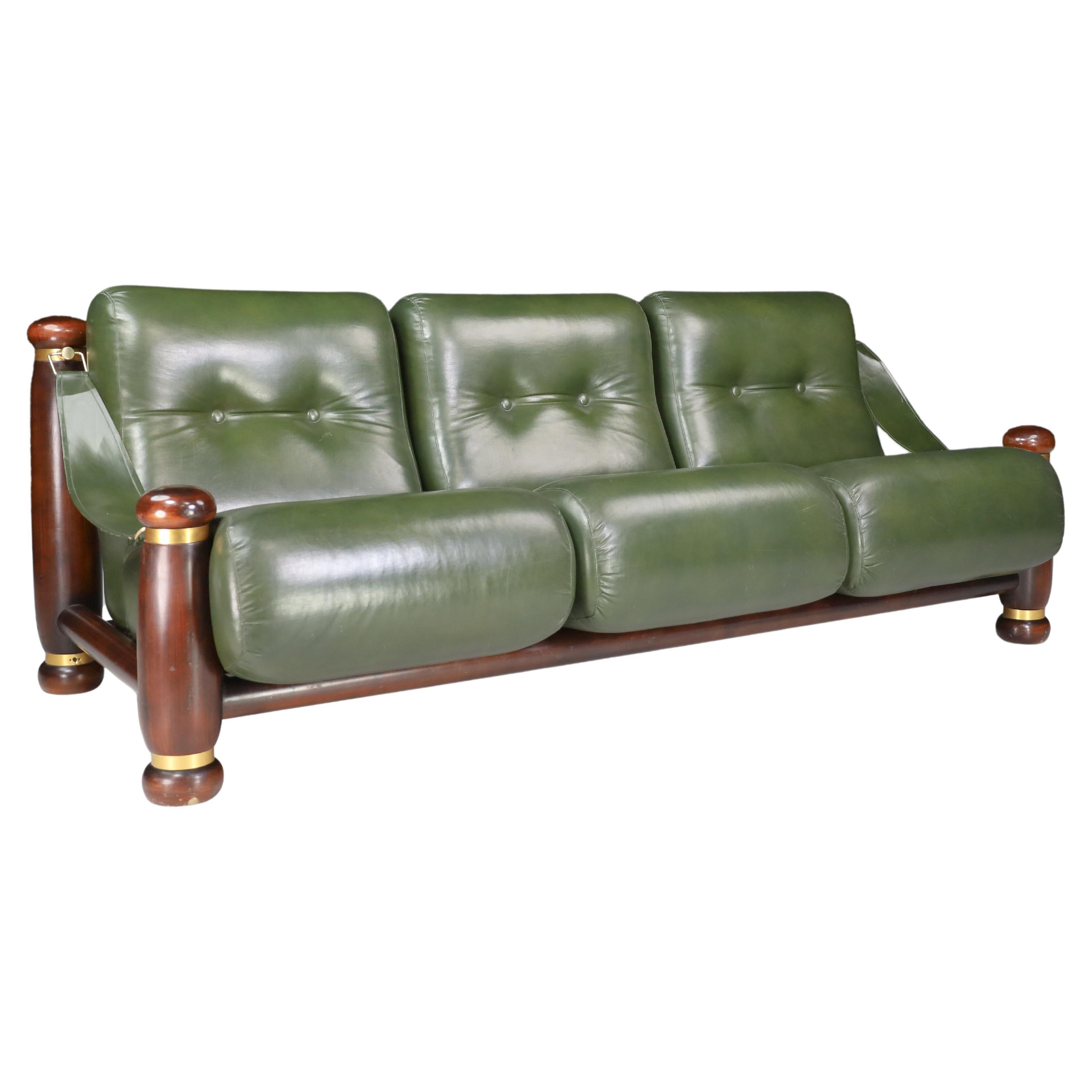 Walnut, Brass, and Green Leather Three-Seat Sofa from, Italy, 1960s